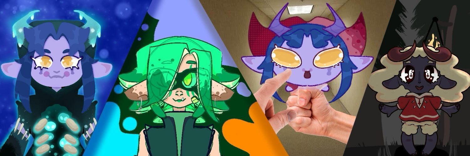 My twitter banner, which has my sona dressed as a warden from Minecraft, a splatoon oc, my sona being squeezed and pointed at, and a cult of the lamb oc. All in different styles and renderings.