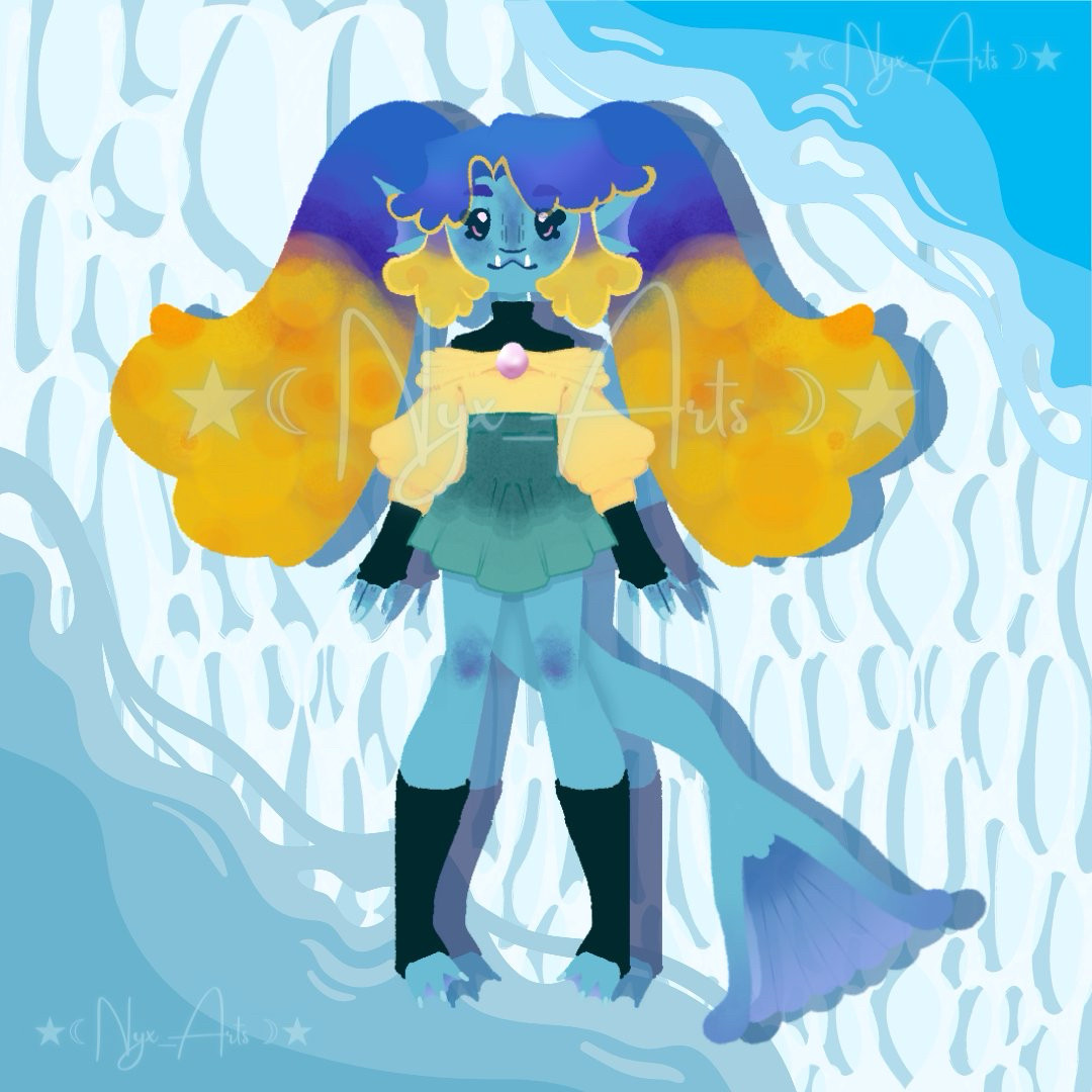 A sea monster girl with water patterned background