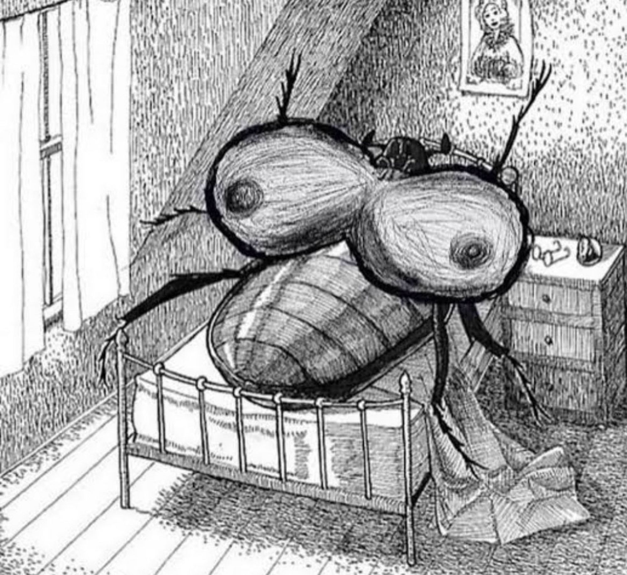 um inseto gigante com seios enormes deitado em uma cama. alusão ao livro a metamorfose de franz kafka