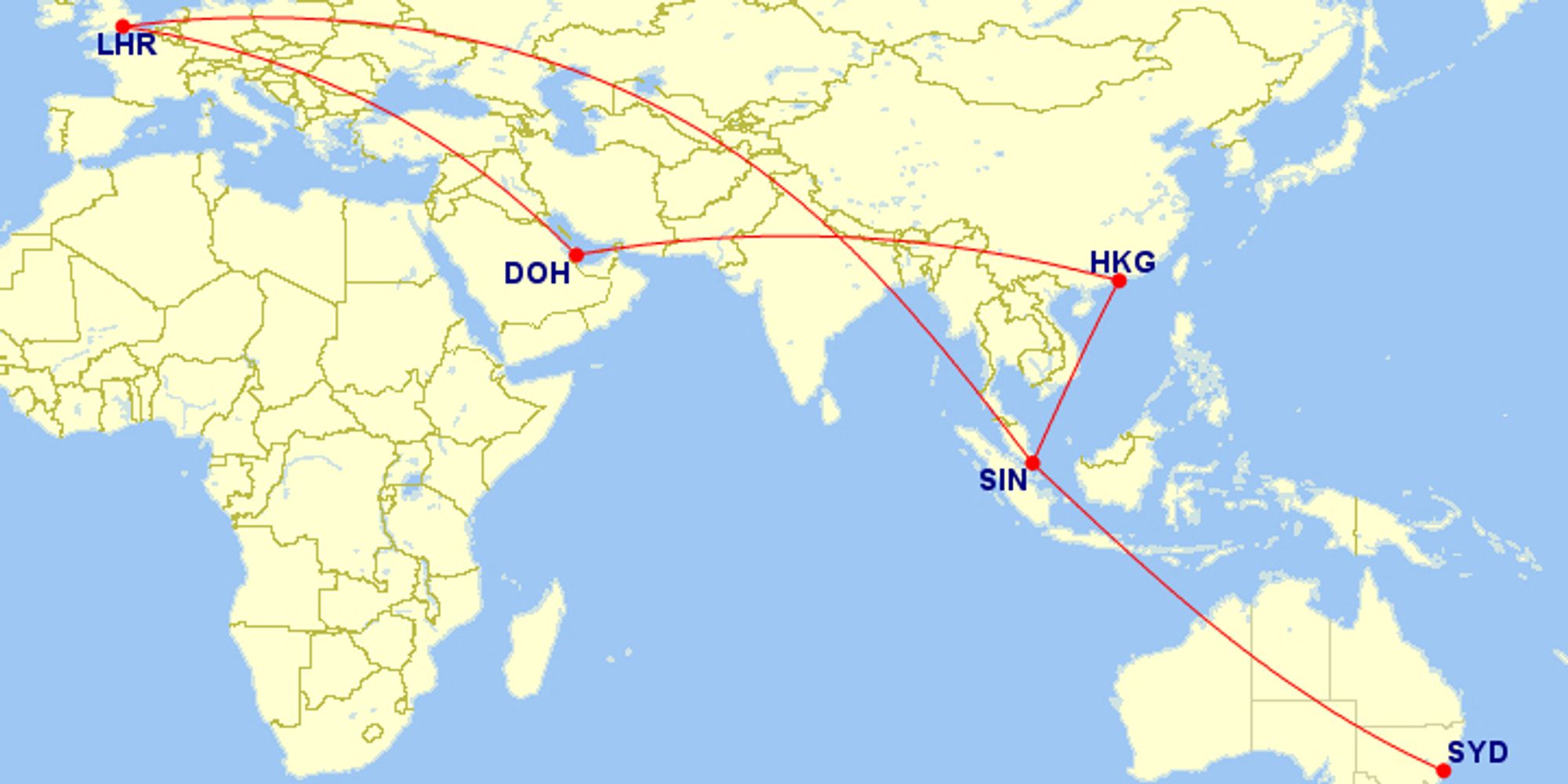 Map showing a round tip from London to Sydney, out via Doha, Hong Kong and Singapore.