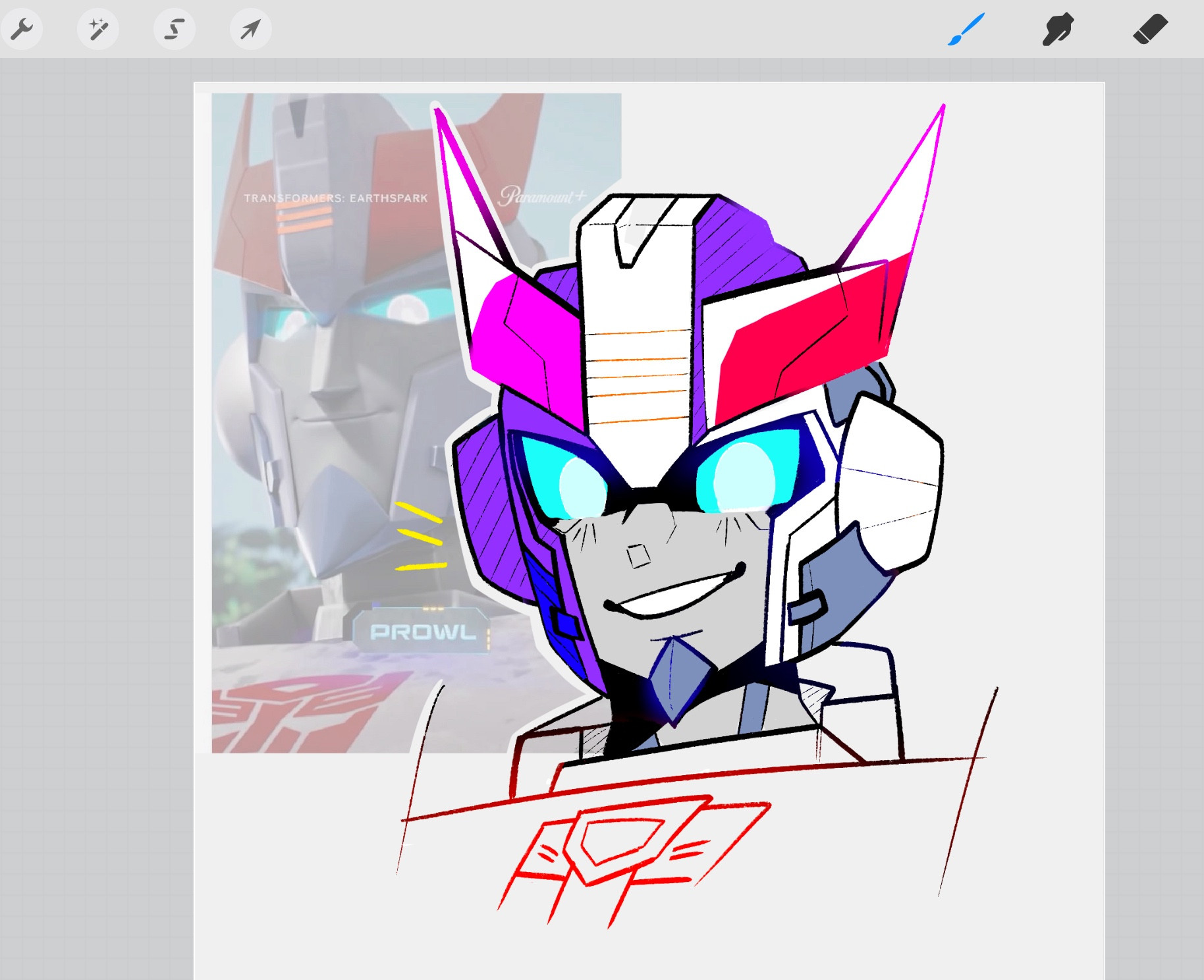 A partial colored drawing of Prowl smiling from Transformers Earthspark with a screenshot of Prowl from Transformers Earthspark season 3 trailer behind the image with lowered opacity. Screenshotted from art program, Procreate.
