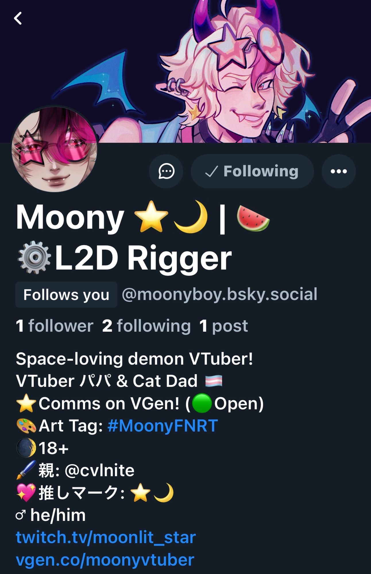 A screenshot of moonyboy.bsky.social profile. He is a demon vtuber and a refugee from twitter