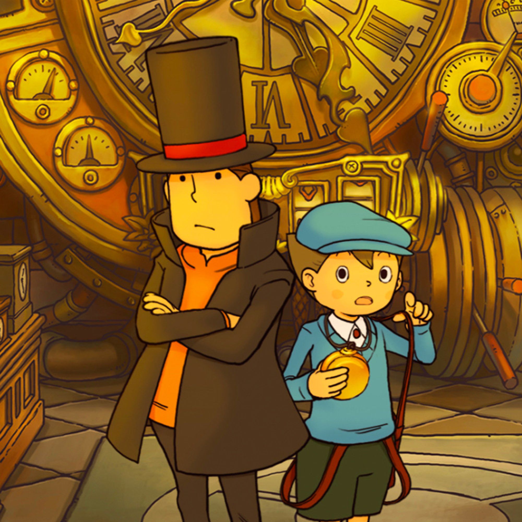 professor layton and his assistant luke stand back to back. layton wears an orange top covered by a black longcoat. his top hat is a little large, and has a red band. he stands with arms crossed in a pondering expression. luke on the other hand appears to be pointing at something in the viewer's direction. he is holding a large pocket watch. he wears a blue newsboy cap and a blue sweater vest with black shorts and red garters. they stand in front of a large clock.