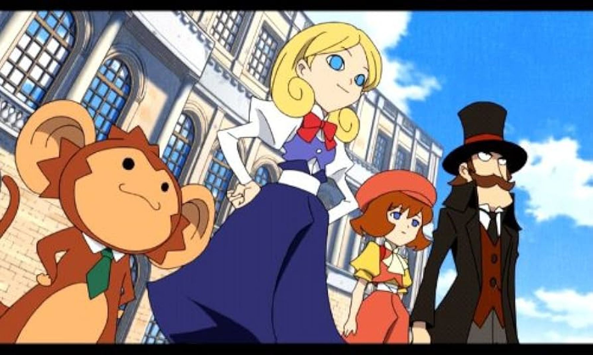 the cast of Doctor Lautrec stand in front of a Parisian university. from the left: a monkey companion wearing a green tie stands proud with hands on hips, with a blonde woman with blue eyes next to him. she wears a blue and white suit and pants set. next to her is a shorter woman with short brown hair and blue eyes. she wears a similar suit and pants set except the color scheme is yellow and a light orange. on the far right is Doctor Lautrec, an older man with a top hat and red band. he is wearing a red vest with white undershirt and black tie, with a black overcoat.