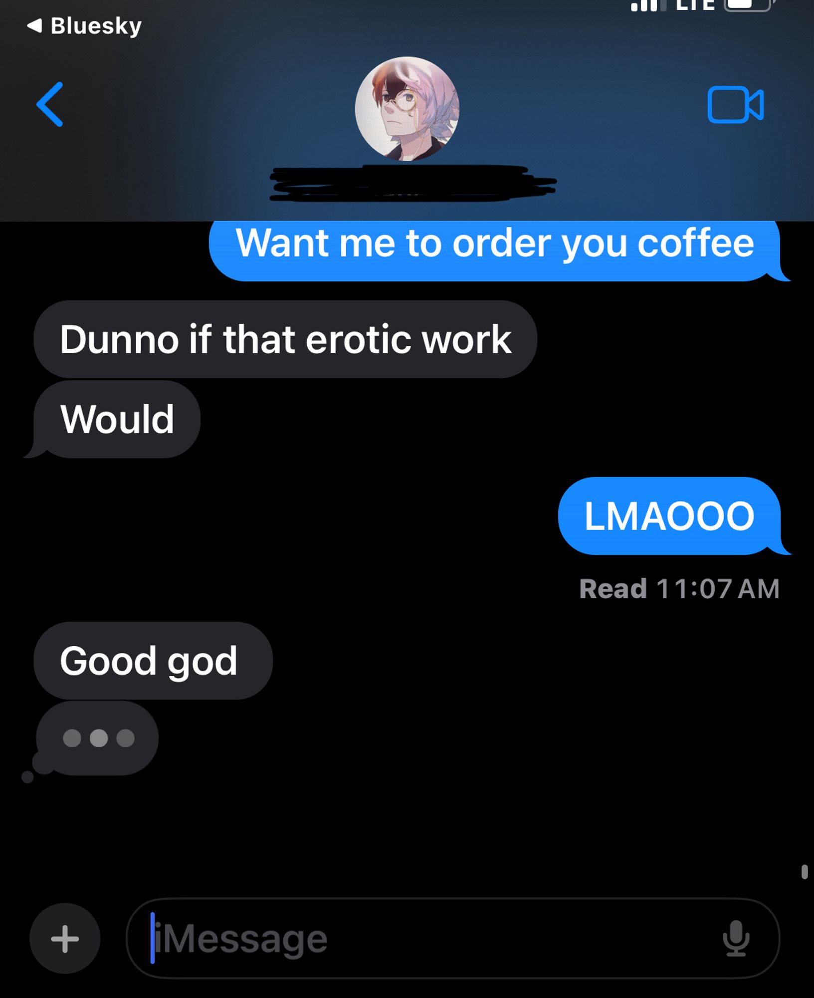 A screenshot of text message between 42NA and Lachesis Arkwight - they are discussing buying each other coffee and lach makes a typo “dunno if that erotic work” in short, we hate iPhone autocorrect