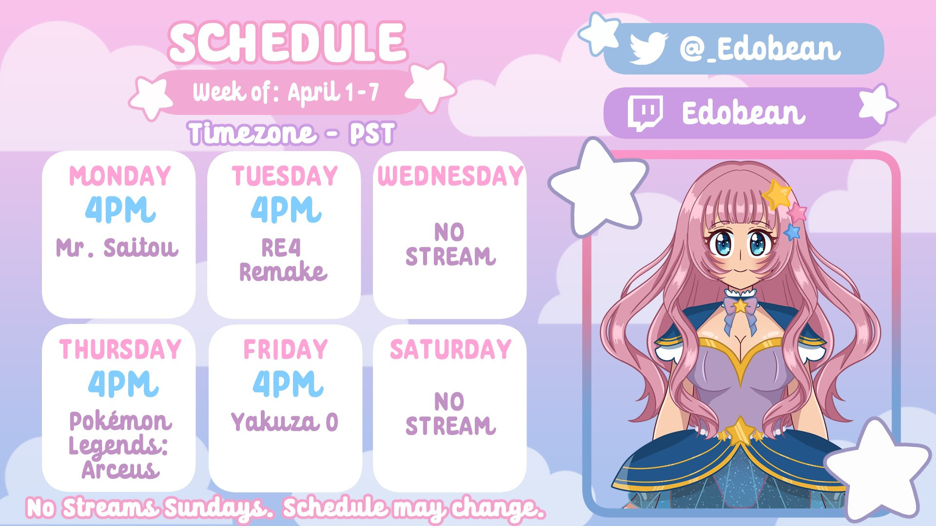 Schedule - Week of April 1-7 (Time zone PST)

Monday - Mr. Saitou (For the amazing @supershigi 💖)
Tuesday - RE4 Remake (Cont.)
Wednesday - No Stream
Thursday - Pokémon Legends: Arceus (Cont.)
Friday- Yakuza 0 (Cont.)
Saturday - No Stream

No stream on Sundays. Schedule may change.