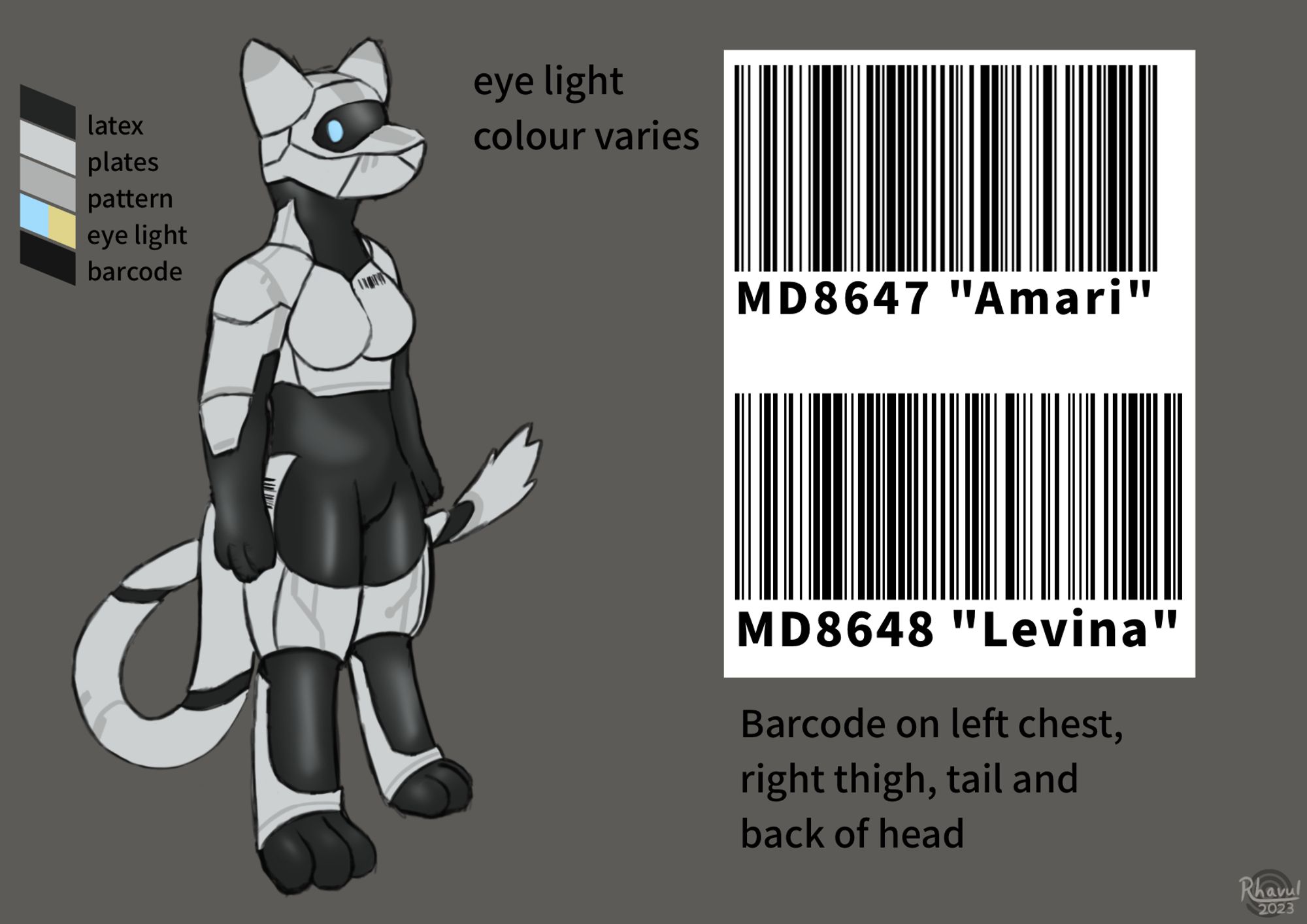 Ref sheet of the Mew drone design featuring their barcodes and IDs in full resolution.