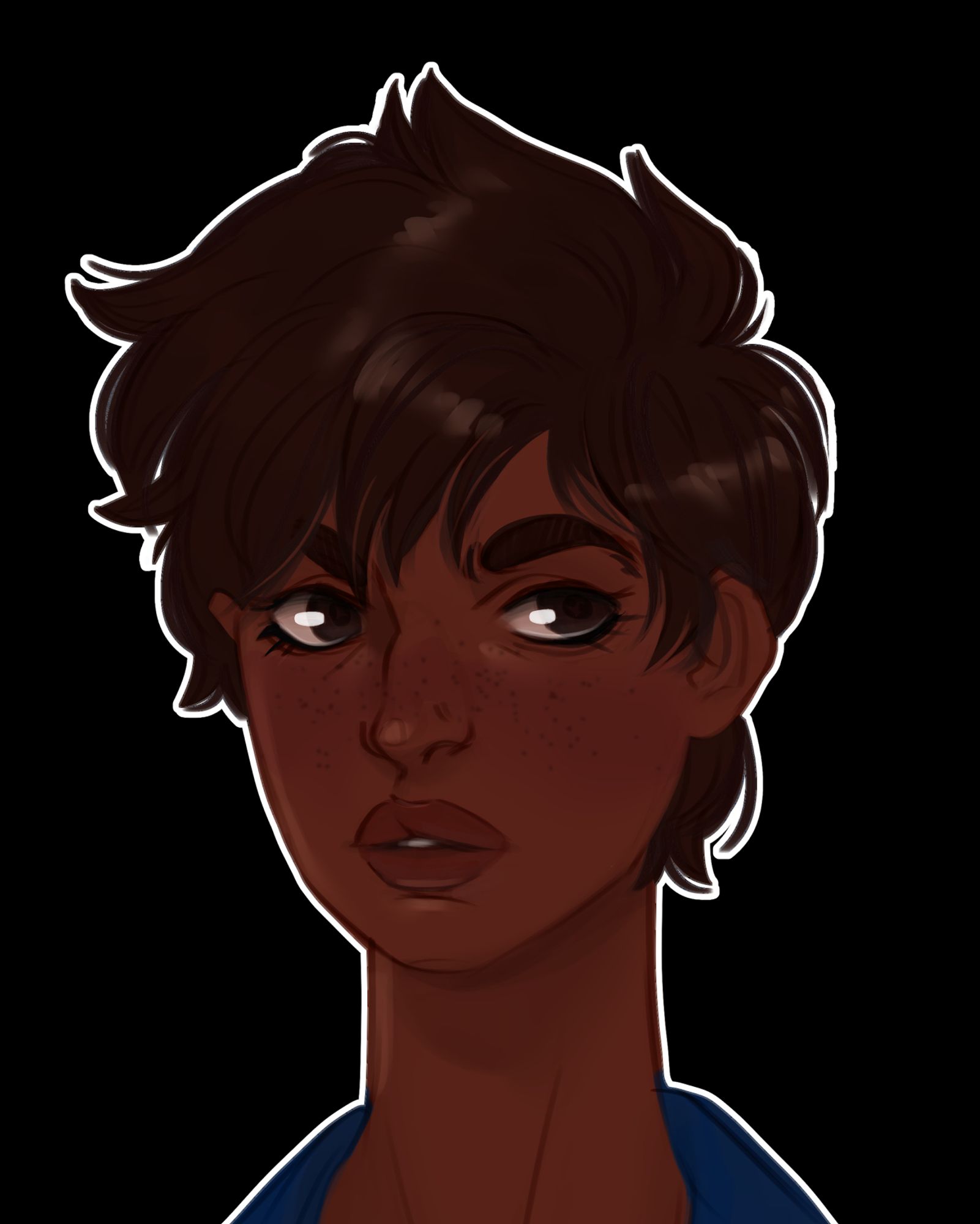 A bust of my original character Radha Parminder Mire-Tam, she is looking at the viewer. Radha has medium brown skin, dark brown eyes, thick eyebrows and short, thick hair. The blue collar of her coverall can be seen.