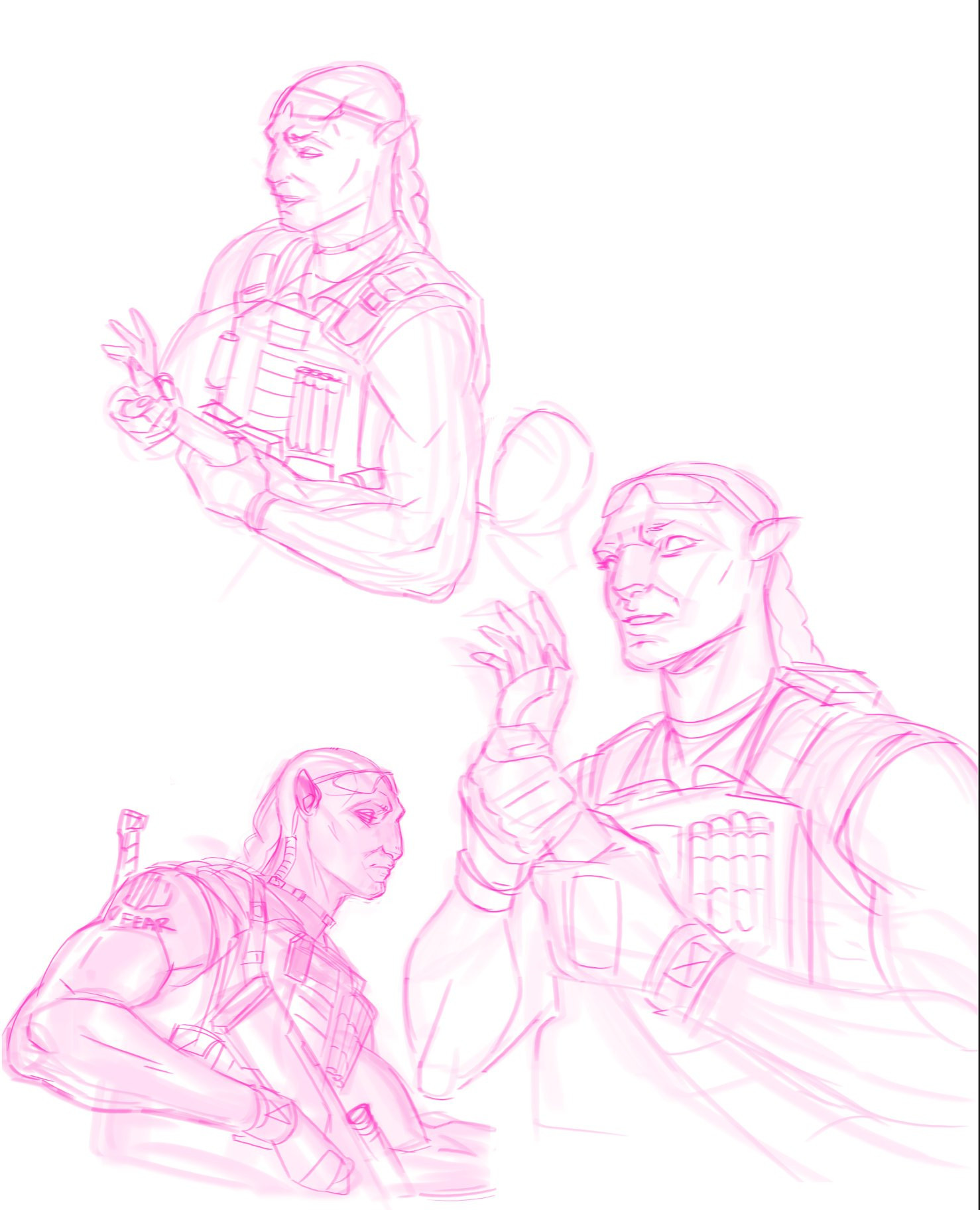 three sketch studies in hot pink of Lyle Wainfleet from Avatar the way of water. In two he is holding an arm up to display someone's hands and fingers. In the last, he is holding his MR69 with his eyes downcast