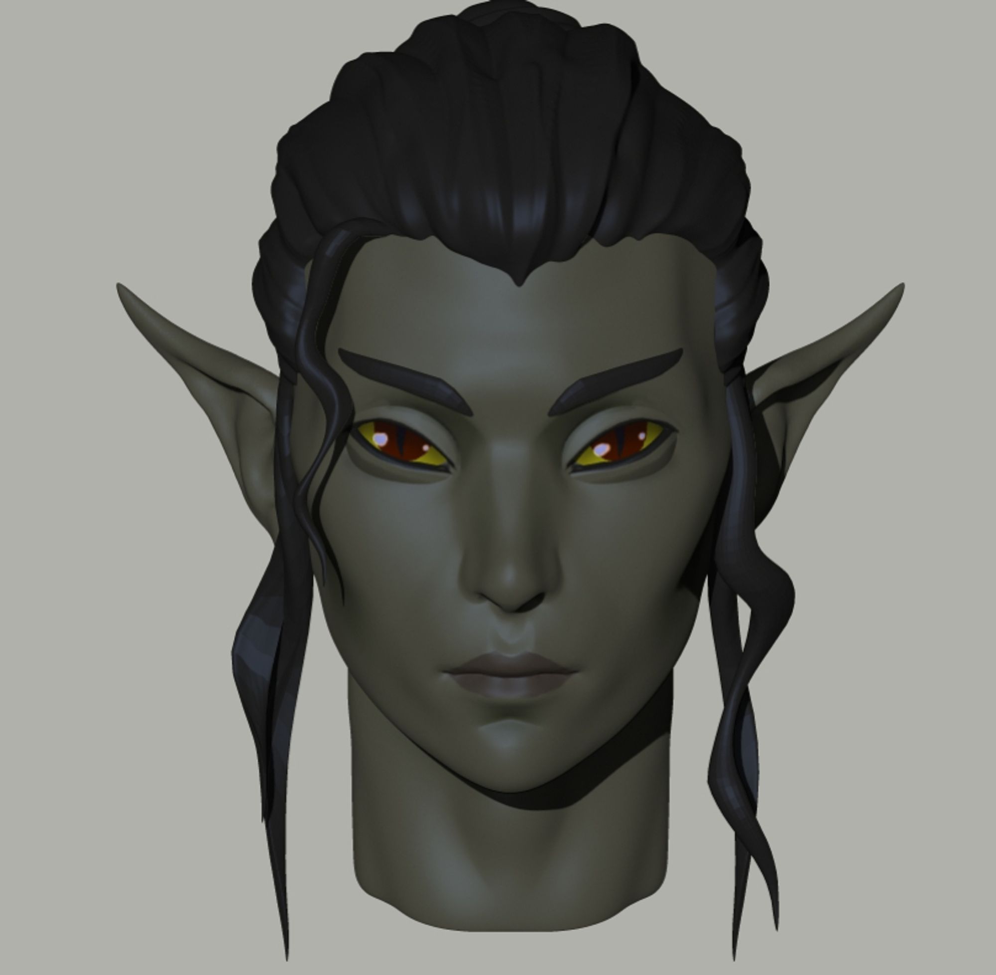 A 3D bust of an elven character with dark brown hair, olive green skin, red eyes with slit pupils and yellow sclera. His hair is pulled back except for long, wavy sideburns.