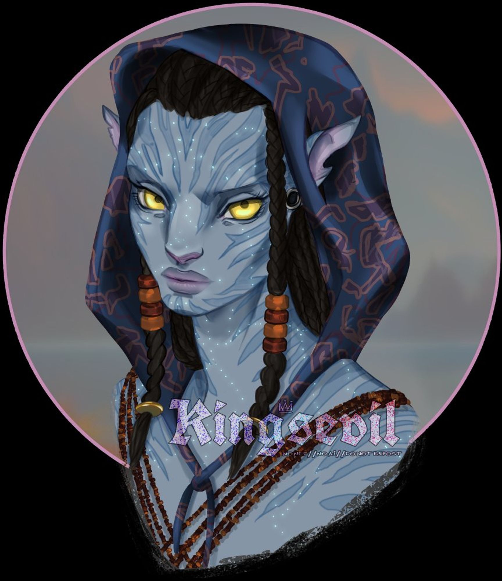 Tsa'enya, an original character based in the Avatar universe. She is a forest Na'vi and is wearing an indigo hood with splashes of color, a beaded wrap around her chest and shoulders and two braids with heavy beads frame her face. She wears metal plugs in her ears and the visible conch of her right ear is damaged. She looks at the viewer with a sullen expression.