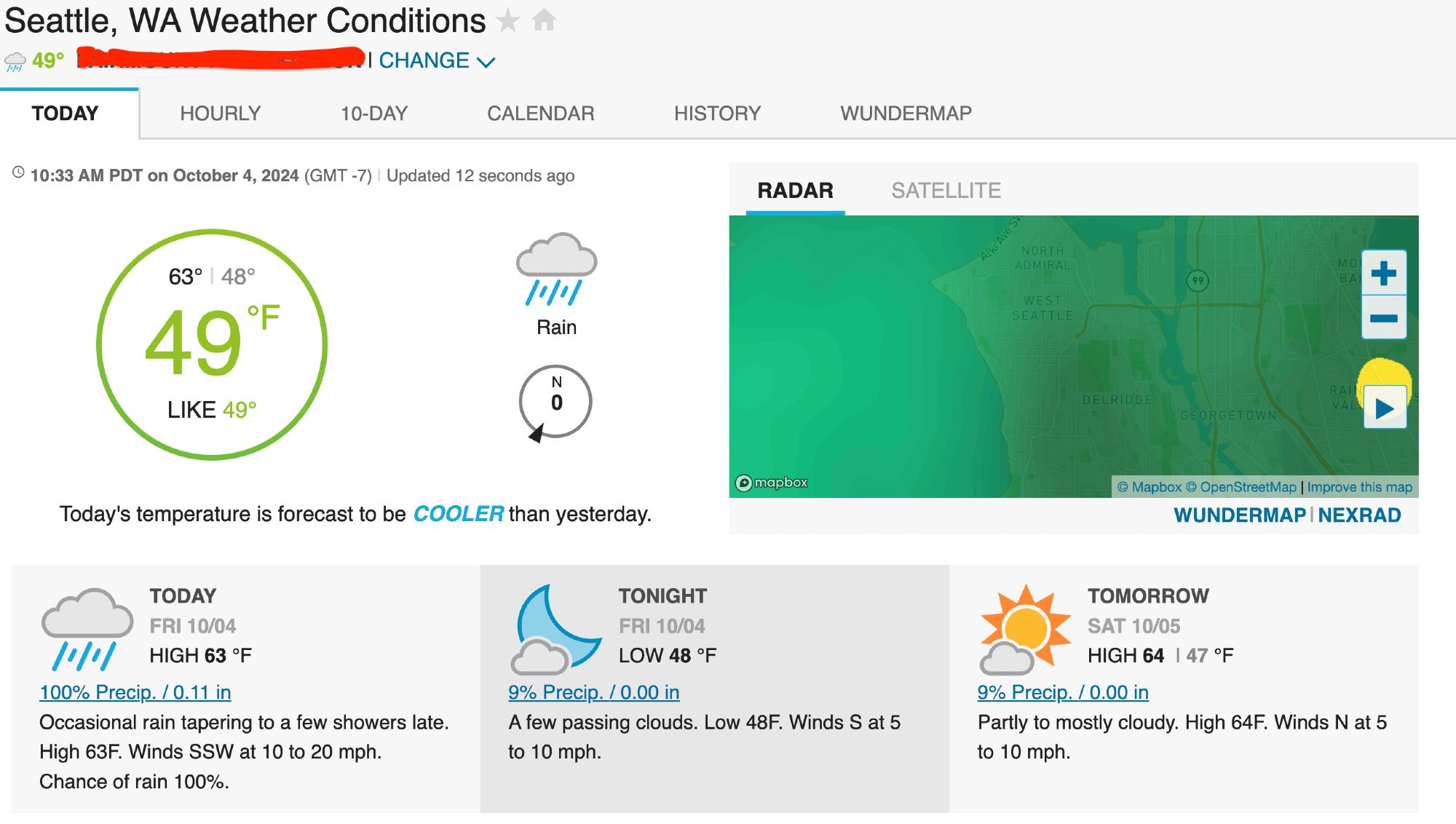 A screen shot from Weather Underground showing current conditions in Seattle, WA. It is 49 degrees Farenheit, and the entire radar map is green with rain currently falling.