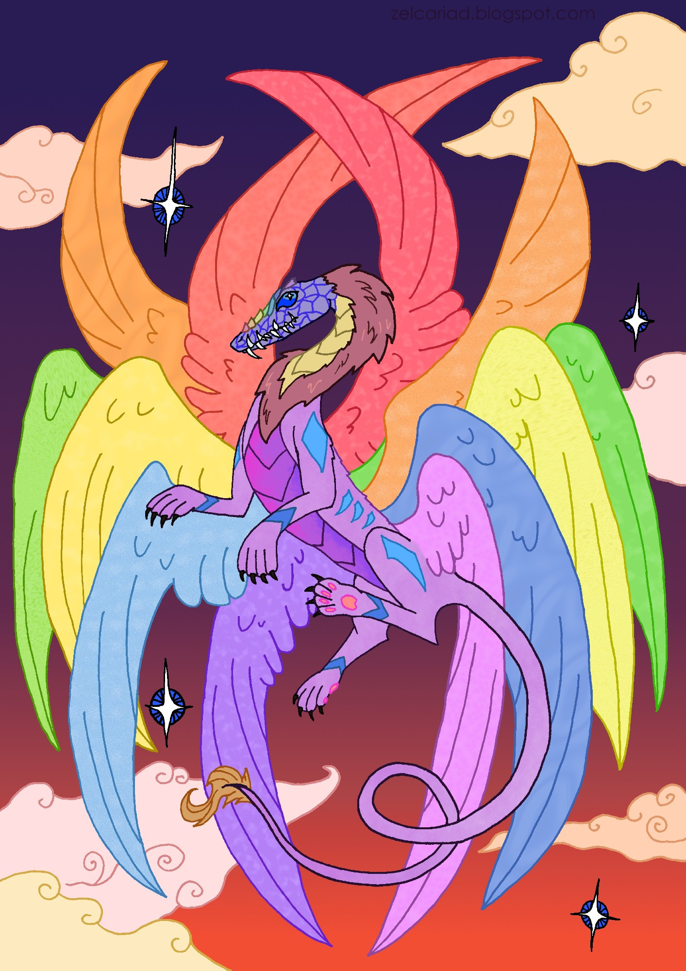 A digitally-coloured illustration by Zel Cariad of a purple lion-like creature, with a crocodile's head, and twelve rainbow coloured feathered wings. It is flying in the sky, there are clouds and stars in the background.