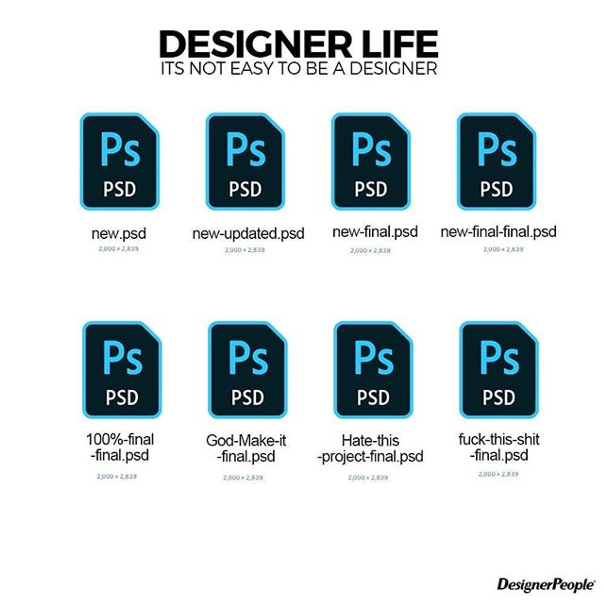 The “designer life” meme, showing eight Photoshop files named in variations of “new.psd” and “final.psd”, including “new-final-final.psd” and “fuck-this-shit-final.psd”.