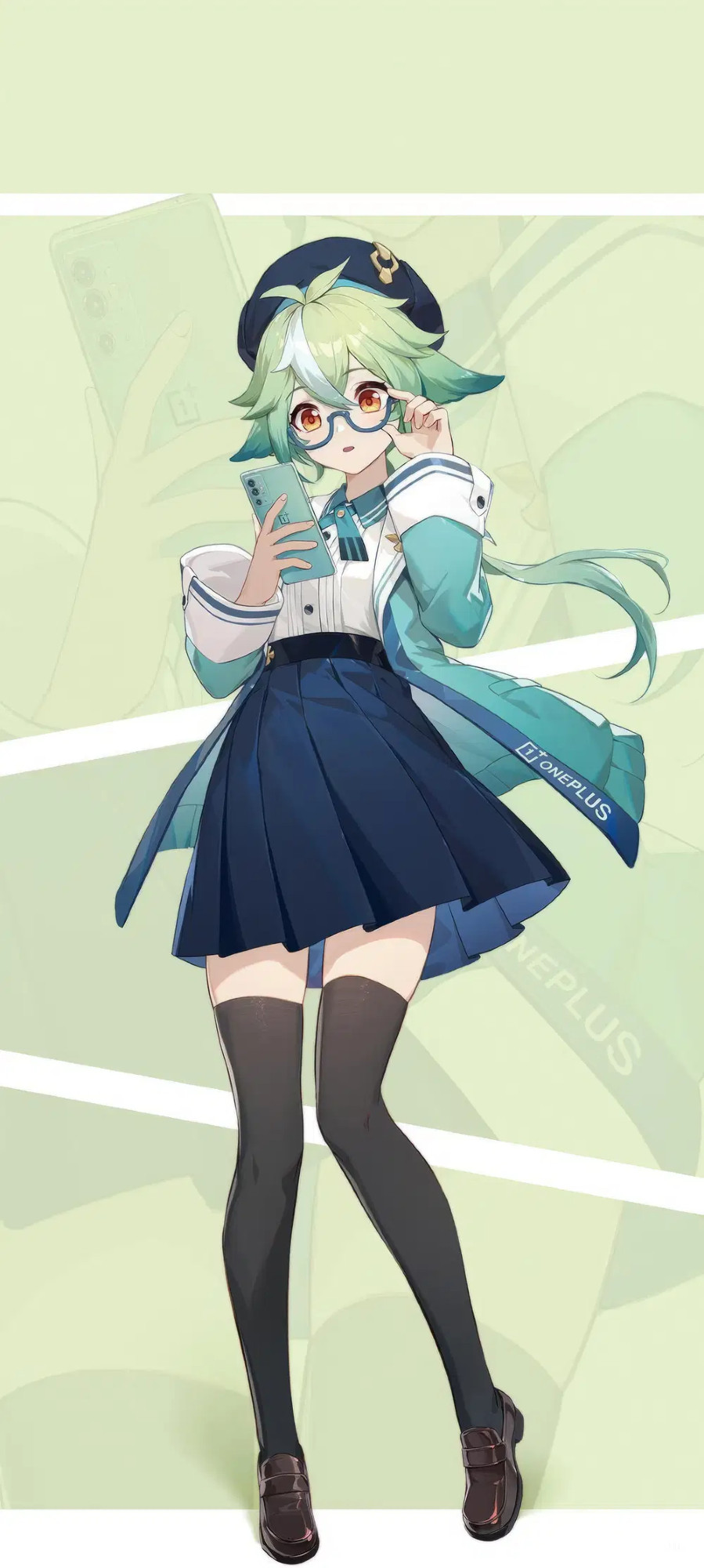 Sucrose (Genshin Impact) key art from a collaborative OnePlus promotion. An anime-type image of a girl with orange eyes and light green hair featuring a long, thin ponytail and bangs that hide downturned, furry, catlike ears. She wears a modified Japanese schoolgirl outfit, with a stylized teal collar, a blue pleated skirt, long black stockings, and shiny brown loafers. She is also wearing a teal and blue OnePlus coat which resembles a hapi with a shawl collar. Adjusting her blue half-rimmed classes, she's checking her OnePlus 9RT.