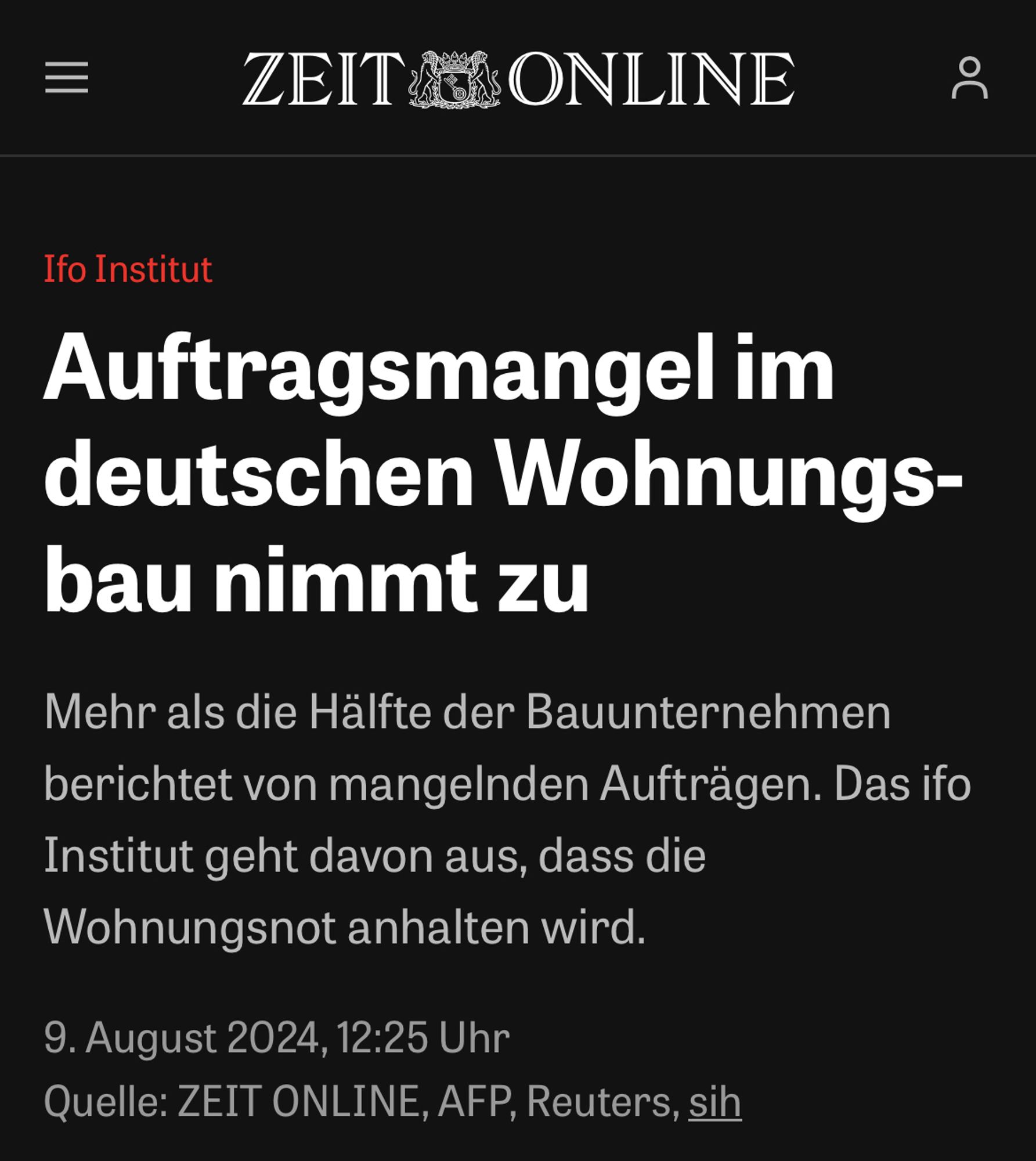 Ifo Institut:
Auftragsmangel im deutschen Wohnungsbau nimmt zu

Mehr als die Hälfte der Bauunternehmen berichtet von mangelnden Aufträgen. Das ifo Institut geht davon aus, dass die Wohnungsnot anhalten wird.
9. August 2024, 12:25 Uhr
Quelle: ZEIT ONLINE