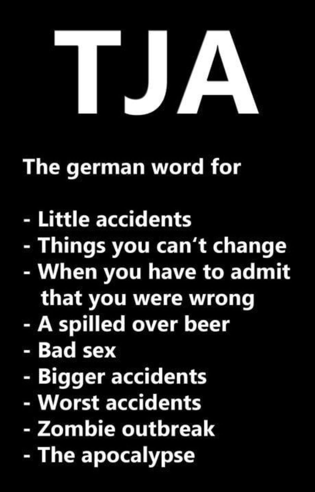 TJA

The German word for little accidents, things you can’t change, when you have to admit that you were wrong, a spilled over beer, bad sex, bigger accidents. Worst accidents, zombie outbreak, the apocalypse