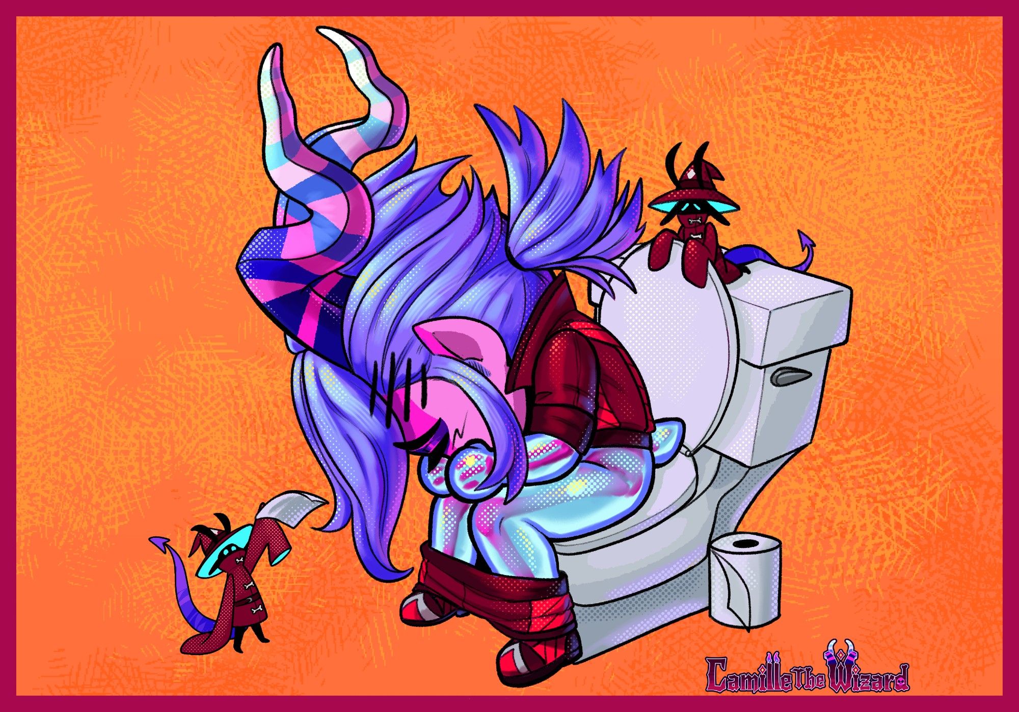 character sitting on toilet, bent over suffering from indigestion