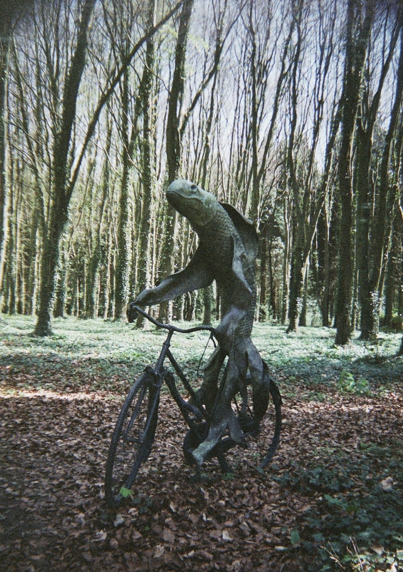 a sculpture in the woods in the sunlight of a fish riding a bicycle