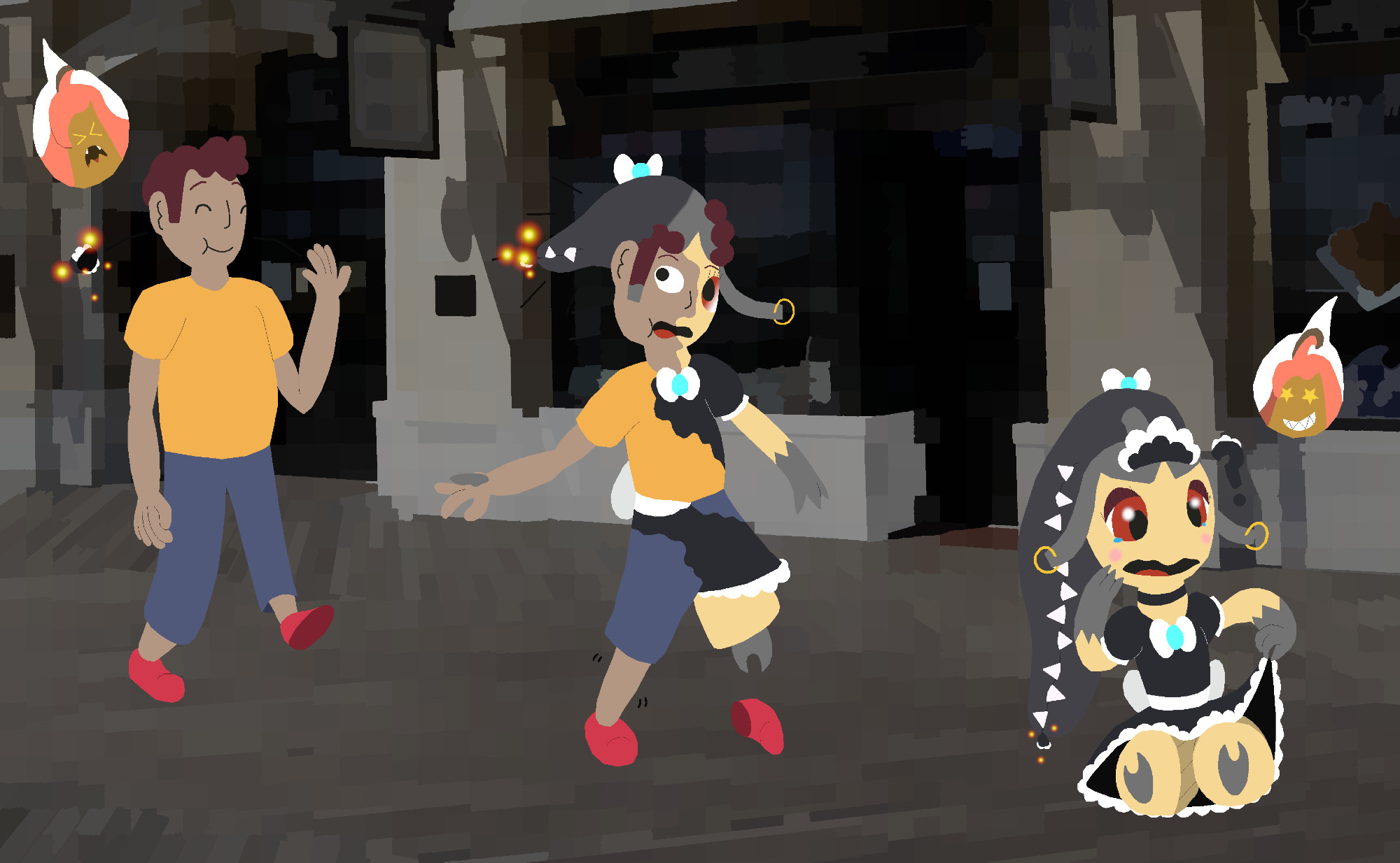 Three-stage sequence of a man becoming a Mawile in a maid's dress through eating a magic piece of candy.