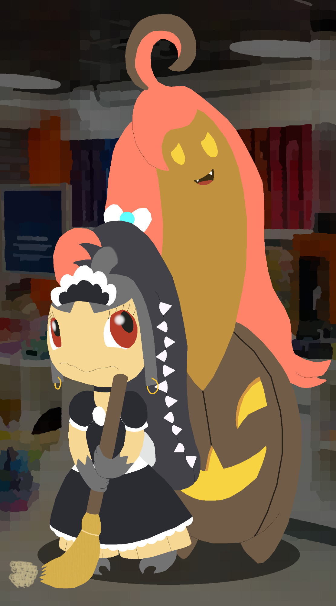 A Gourgeist smugly pets the newly transformed Mawile maid as she sweeps the floor of her candy store to make up for her theft.