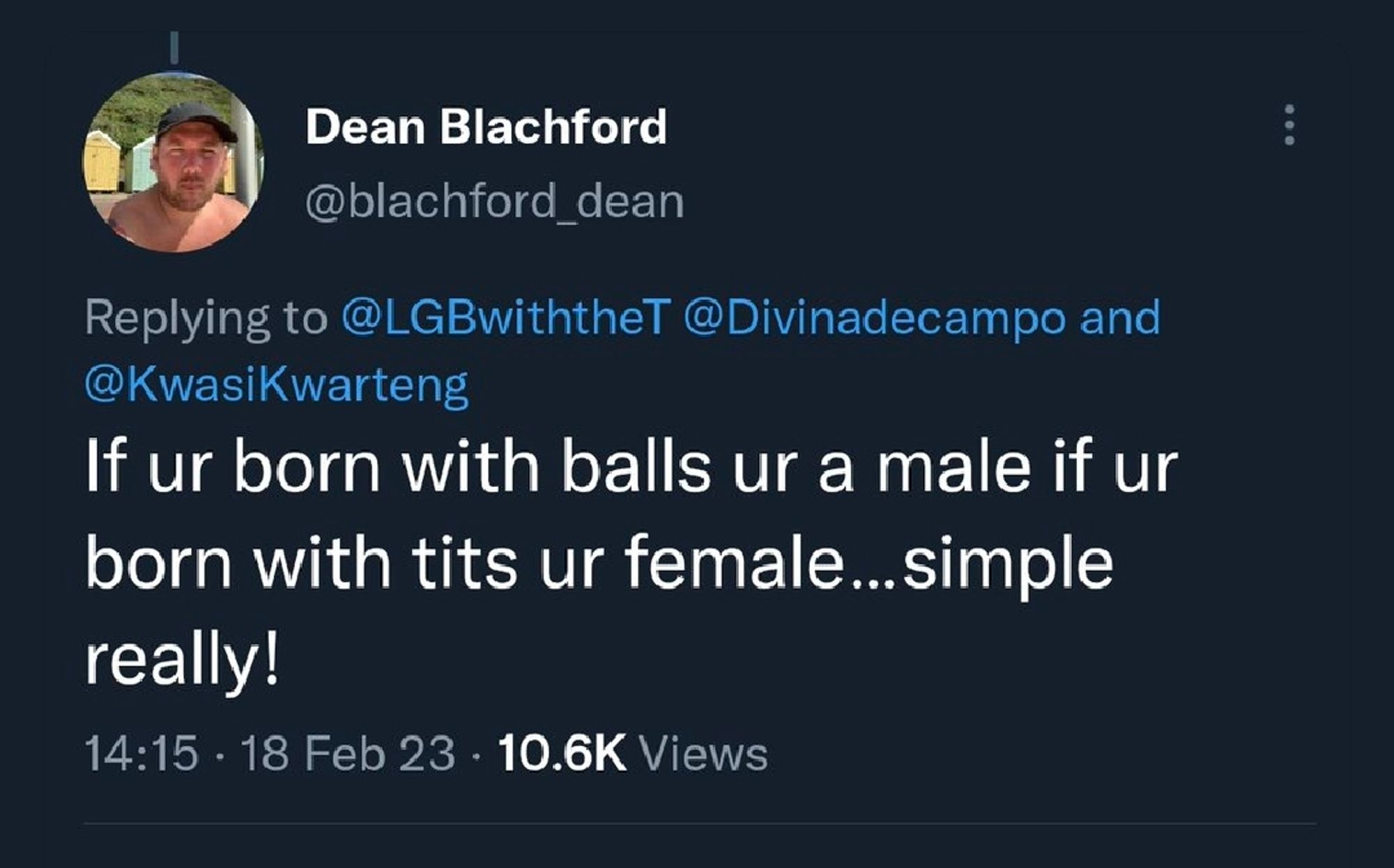 Screenshot of a tweet

Text reads:

Dean Blachford @blachford_dean

Replying to @LGBwiththeT @Divinadecampo and @KwasiKwarteng

If ur born with balls ur a male if ur born with tits ur female...simple really!

14:15 18 Feb 23

10.6K Views