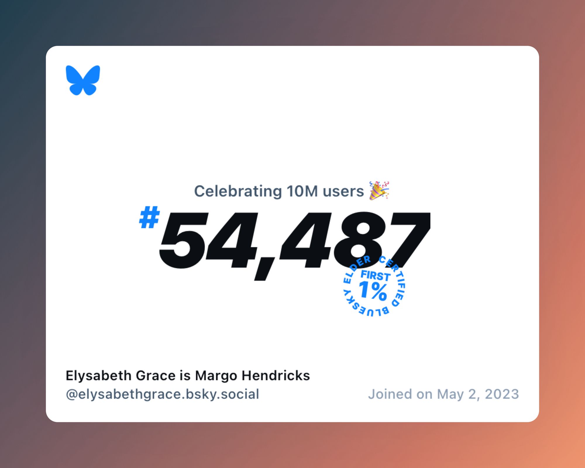 A virtual certificate with text "Celebrating 10M users on Bluesky, #54,487, Elysabeth Grace is Margo Hendricks ‪@elysabethgrace.bsky.social‬, joined on May 2, 2023"