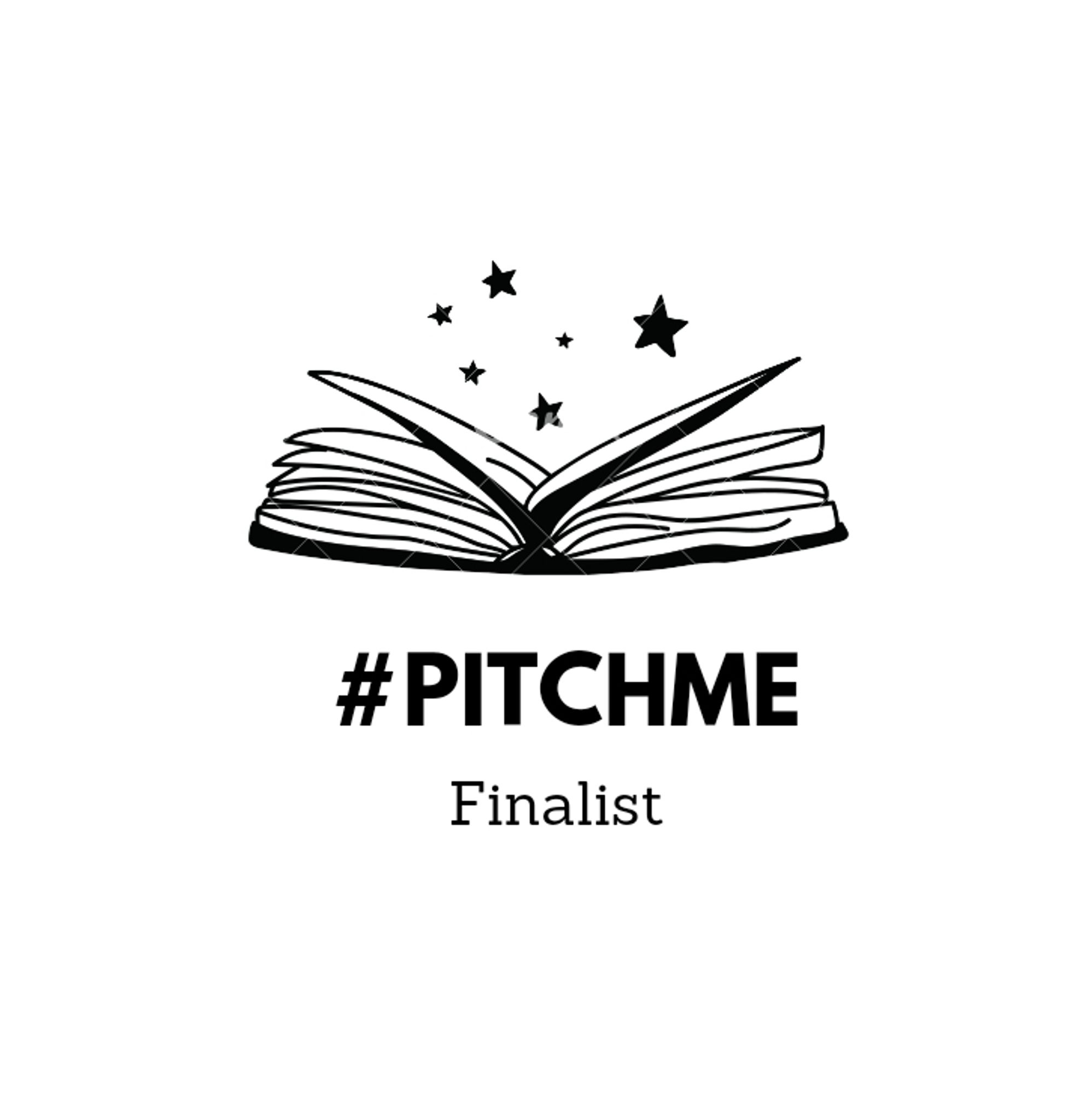 Open book with stars coming out. Underneath the book reads #PitchMe finalist