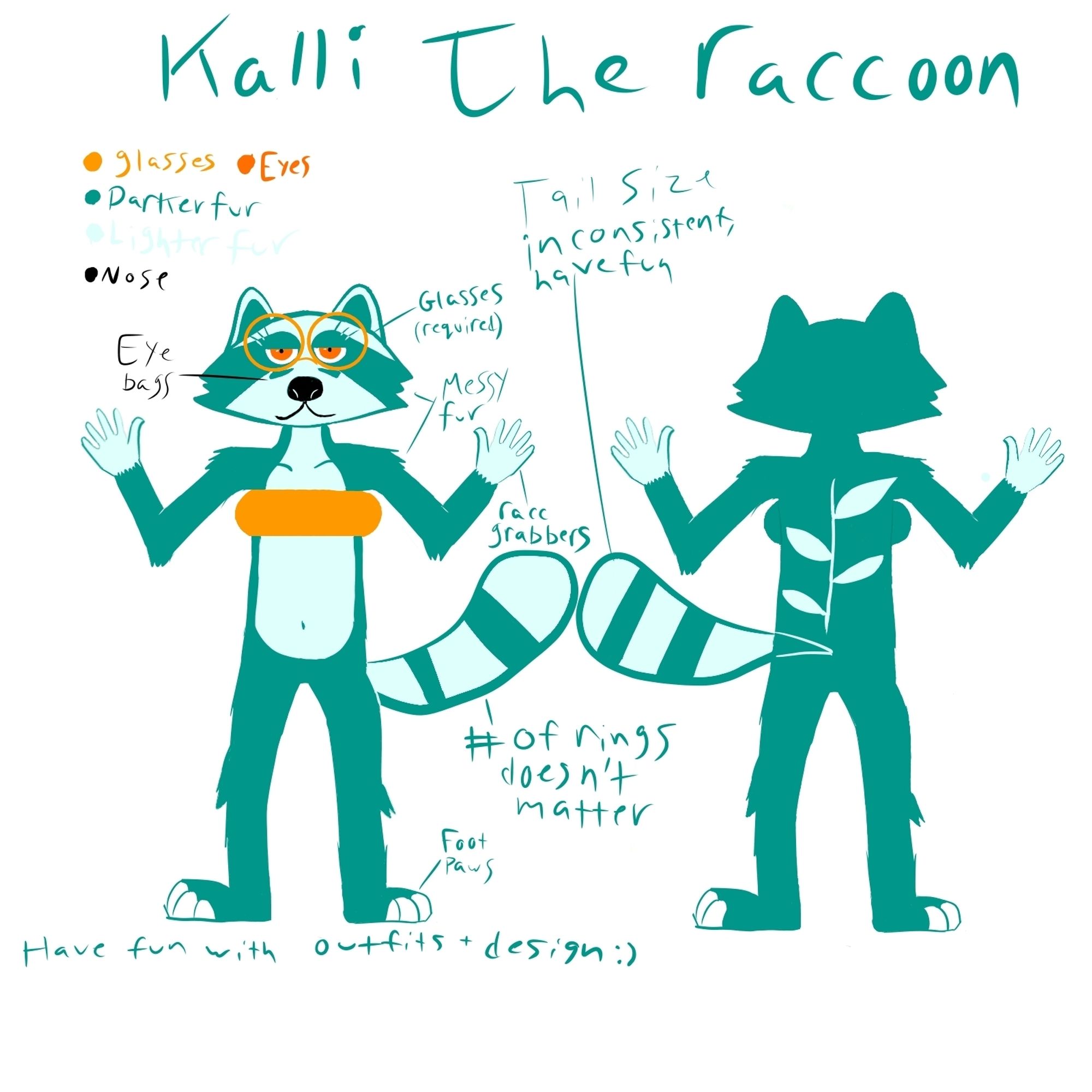 A simple ref sheet rendered with unskilled hands. It shows a teal colored anthro raccoon wearing an orange tube top and large circular orange glasses