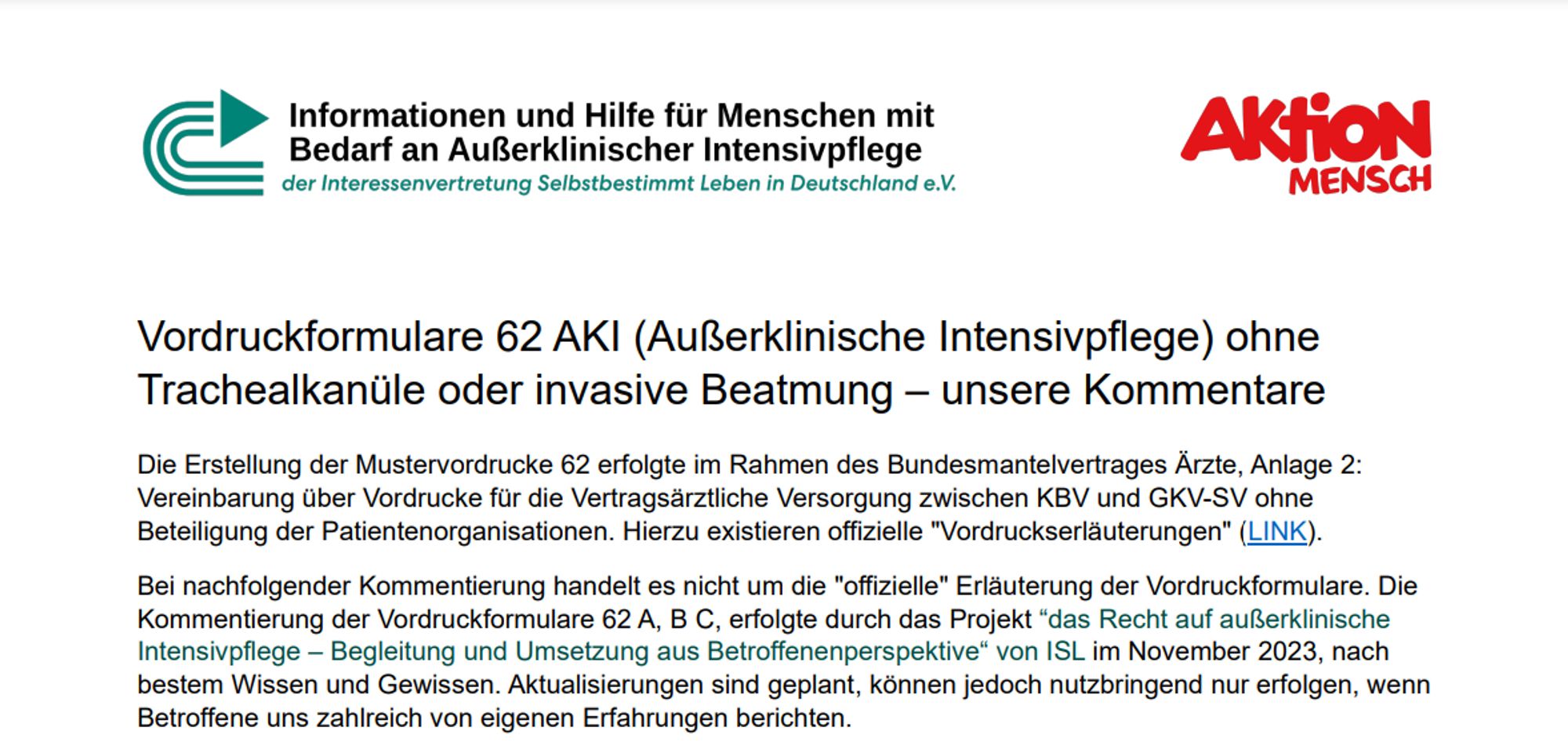 "Verordnung 62 B, C – Außerklinische Intensivpflege ohne Trachealkanüle oder invasive Beatmung – unsere Kommentare", Einleitung