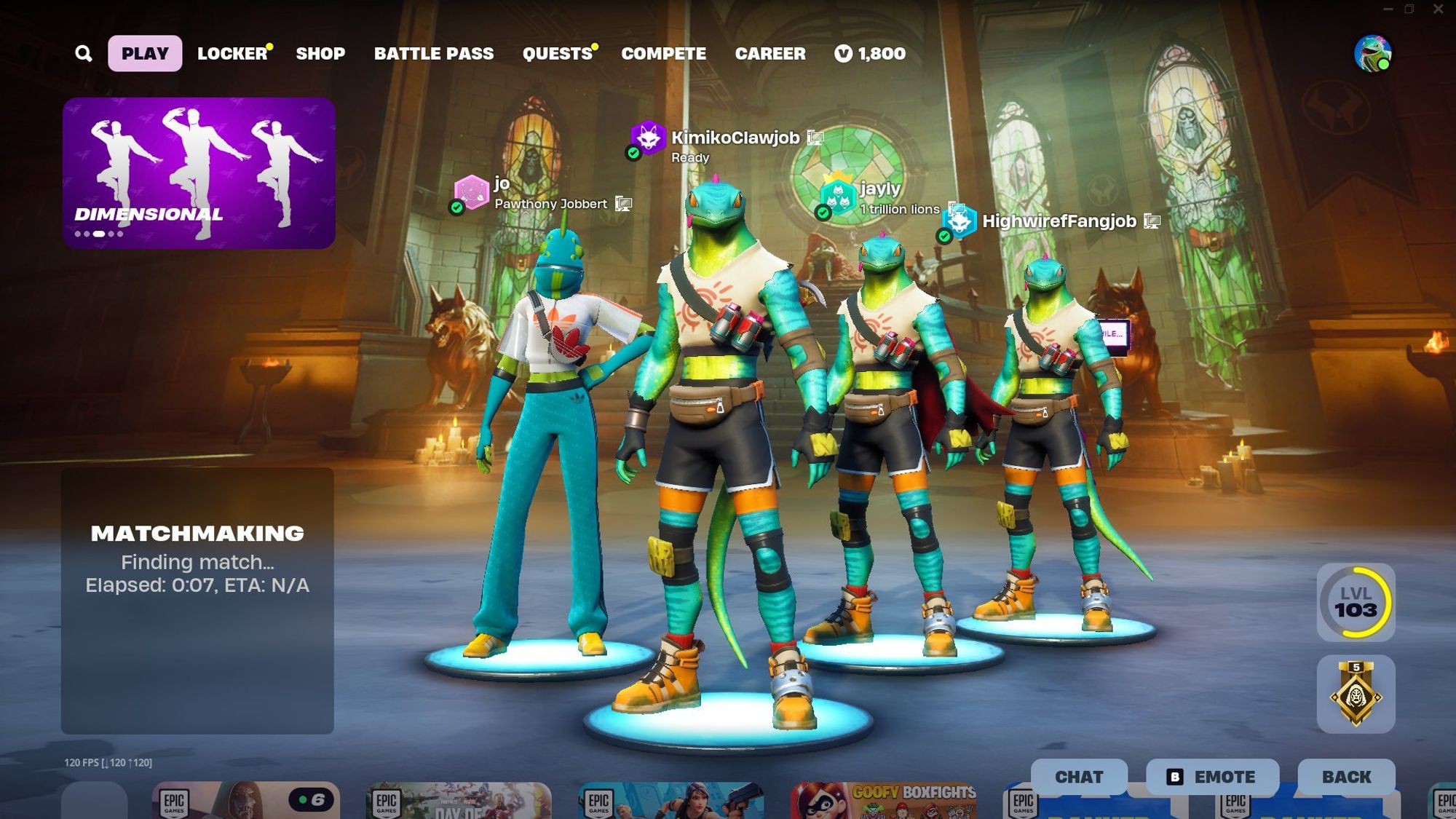 Screenshot of the Fortnite lobby with four players in a squad, three with the Lizzik skin equipped, and the fourth with a similarly-colored recreation of Lizzik using edit styles.