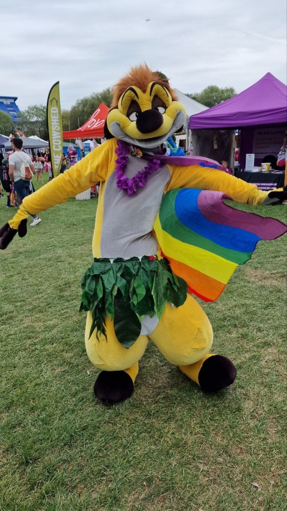 Cosplay fursuit of Timon the meerkat wearing a pride flag at Reading Pride.