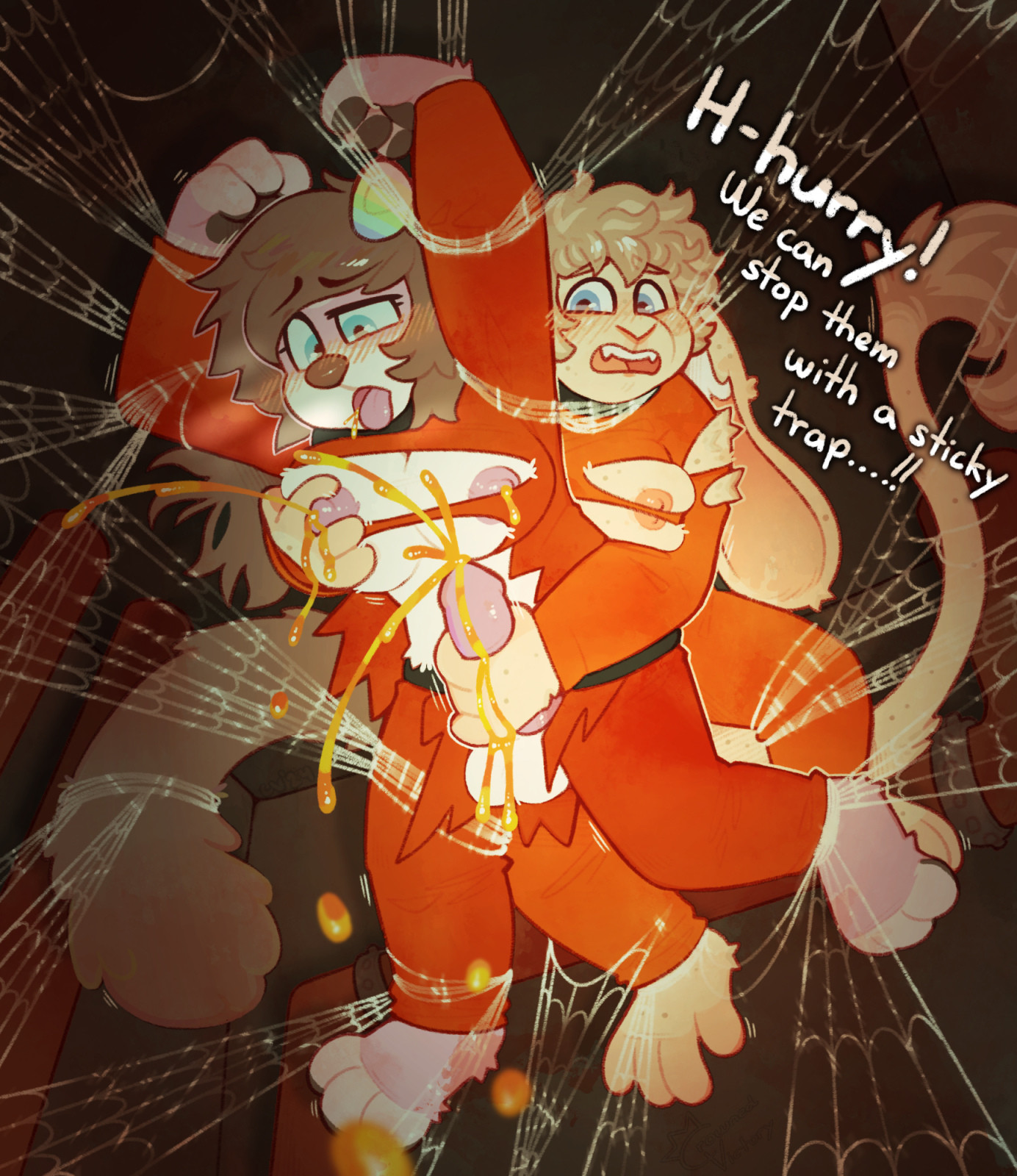 two anthros in lethal company attire caught in a spiderweb. one is jerking the other one off and saying "h-hurry! we can stop them with a sticky trap...!!"