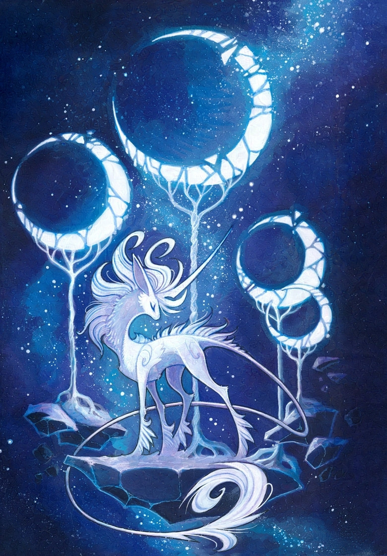 White unicorn on starry nightsky background, standing on a cliff from which moons sprout