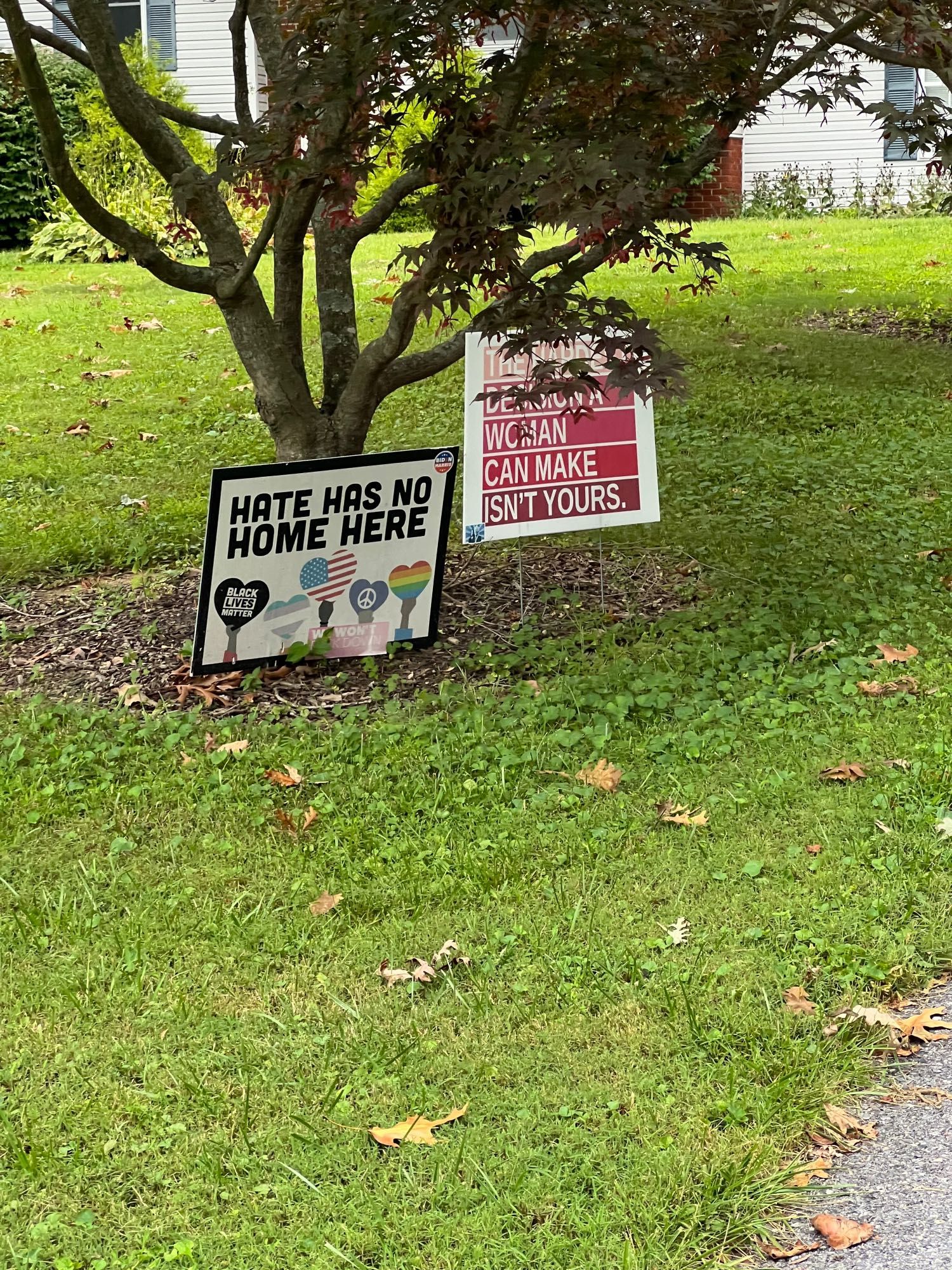 Two yard signs placed near a small tree. The left sign reads "Hate Has No Home Here" in bold black letters, with smaller symbols below representing various causes, including a Black Lives Matter fist, an American flag, a peace sign, and a rainbow heart, conveying messages of inclusivity and solidarity. The right sign has red and white text that says, "The Most Difficult Decision a Woman Can Make Isn't Yours."