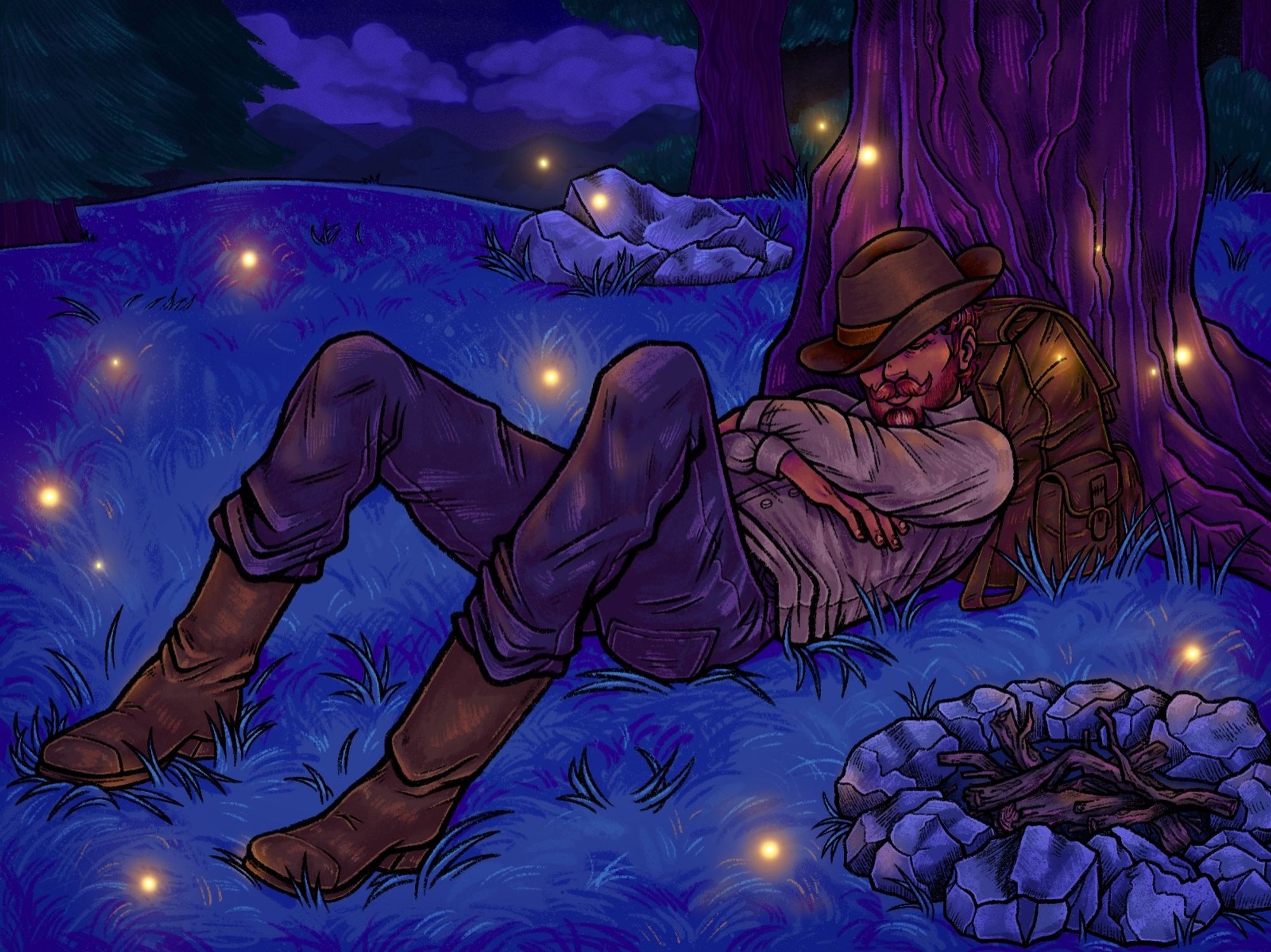 💜 Digital art illustration of a cowboy laying in the grass using his backpack as a pillow, propped up against a tree. It's a dark night, lit by fireflies. The remains of his campfire are beside him and in the distance there are trees, mountains, and the night sky with a few clouds. Overall, it feels like a quiet summer night peacefully resting in nature.