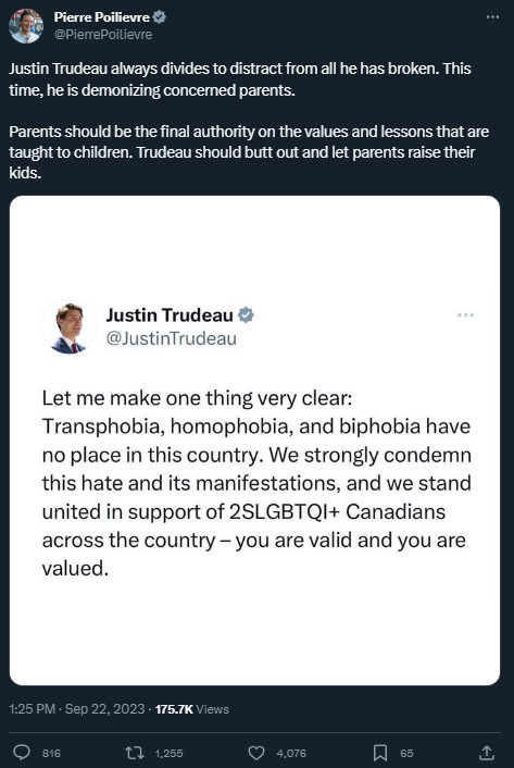 Pierre Poilievre saying Justin Trudeau is dividing the country by denouncing hate towards LGBTQ+ people