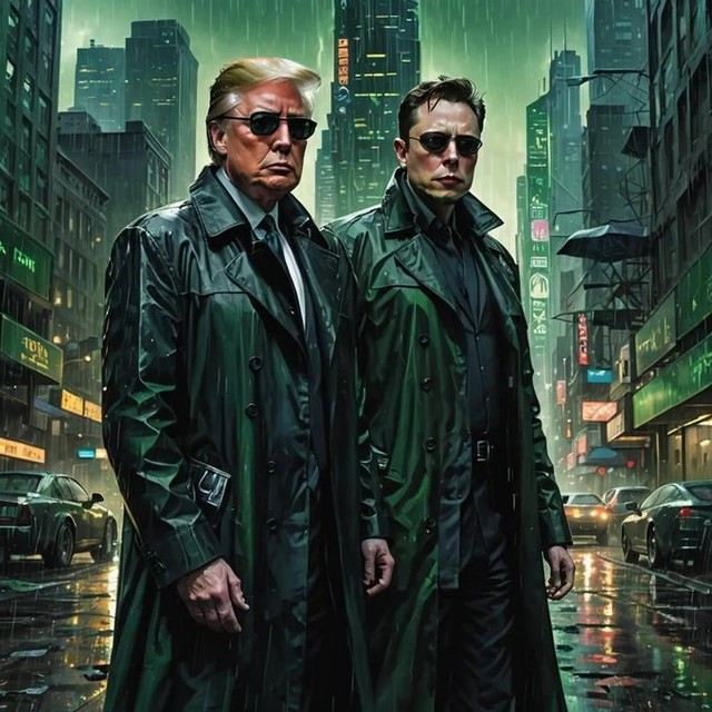 Promotional AI slop of Trump and Elon in the Matrix