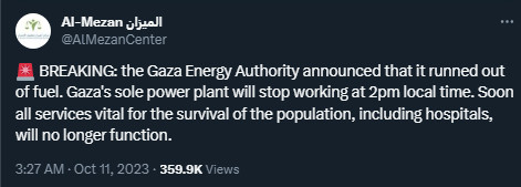 Breaking: the Gaza Energy Authority announced that it runned out of fuel. Gaza's sole power plant will stop working at 2PM local time. Soon all services vital for the survival of the population, including hospitals, will no longer function.