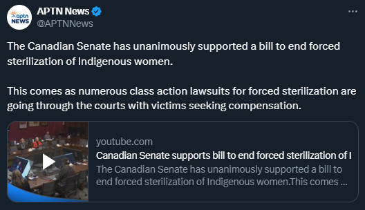 The Canadian Senate has unanimously supported a bill to end forced sterilization of Indigenous women.

This comes as numerous class action lawsuits for forced sterilization are going through the courts with victims seeking compensation.