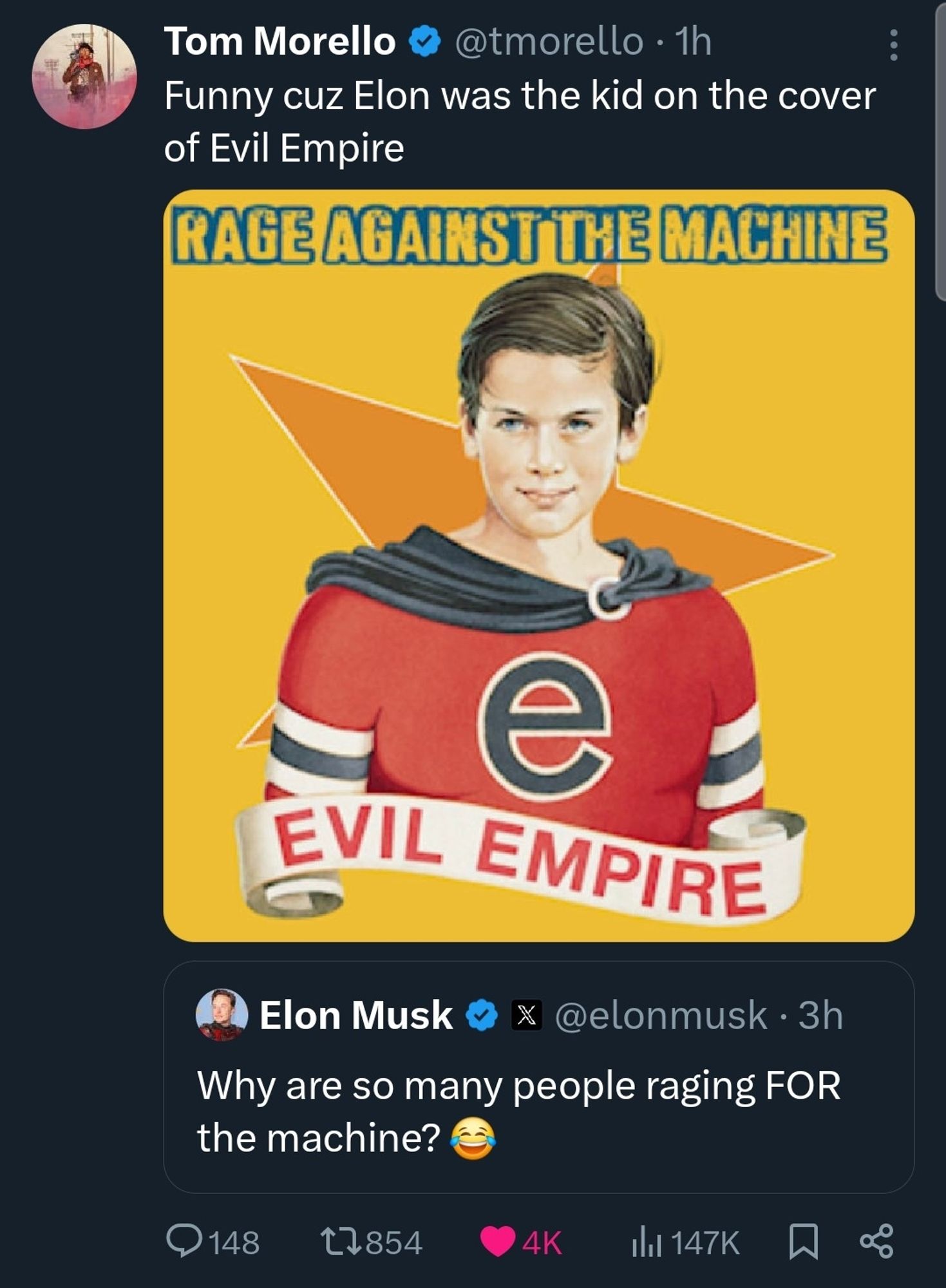 Elon musk asks why are so many people raging for the machine?
Tom Morello replies "funny cuz Elon was the kid on the cover of evil empire"