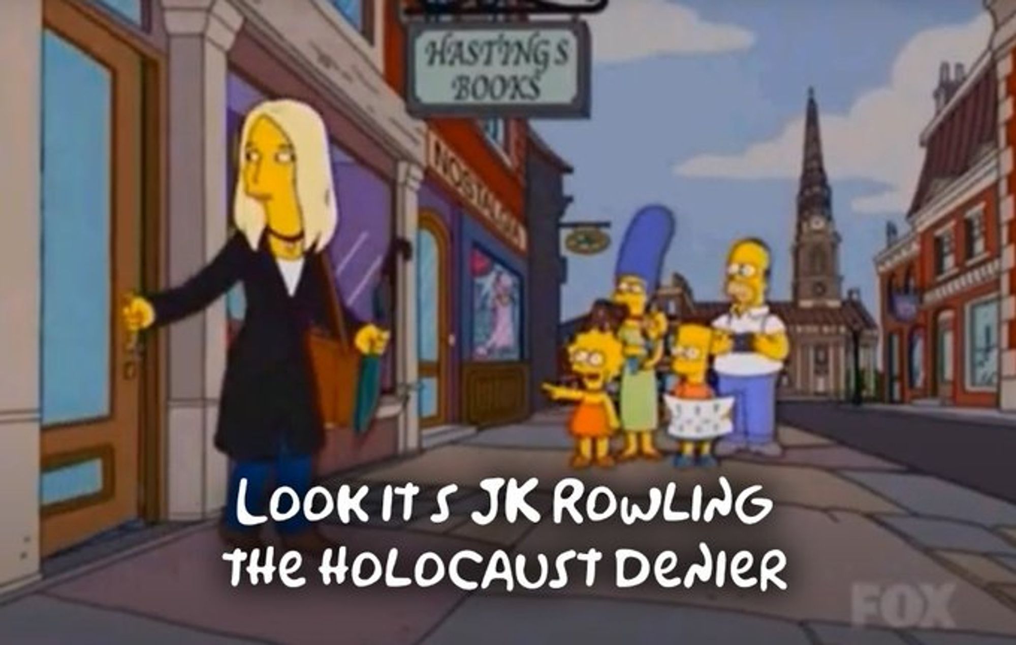 Lisa Simpson pointing and saying "look it's jk rowling the Holocaust denier"