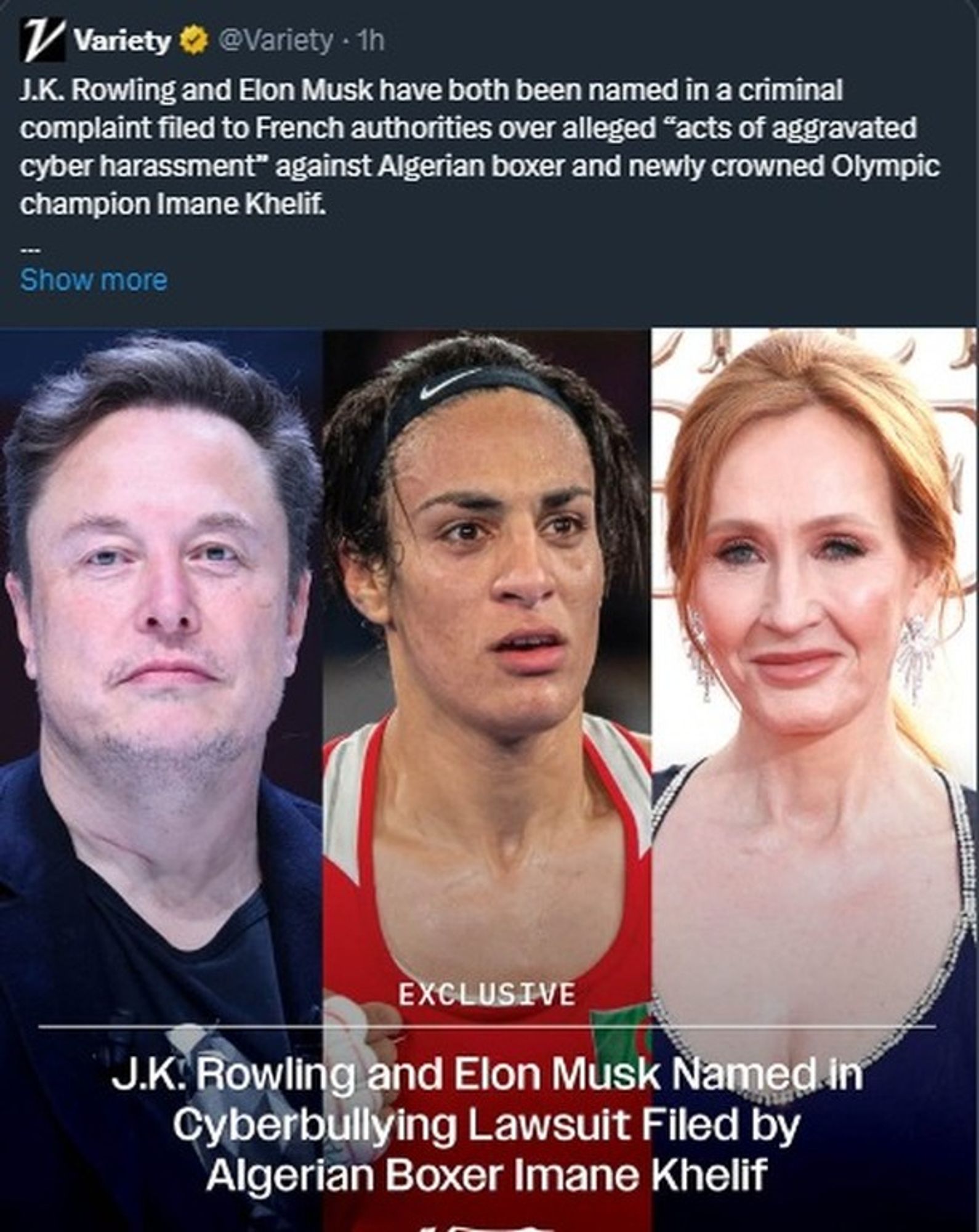 J.K. Rowling and Elon Musk have both been named in a criminal complaint filed to French authorities over alleged “acts of aggravated cyber harassment” against Algerian boxer and newly crowned Olympic champion Imane Khelif.