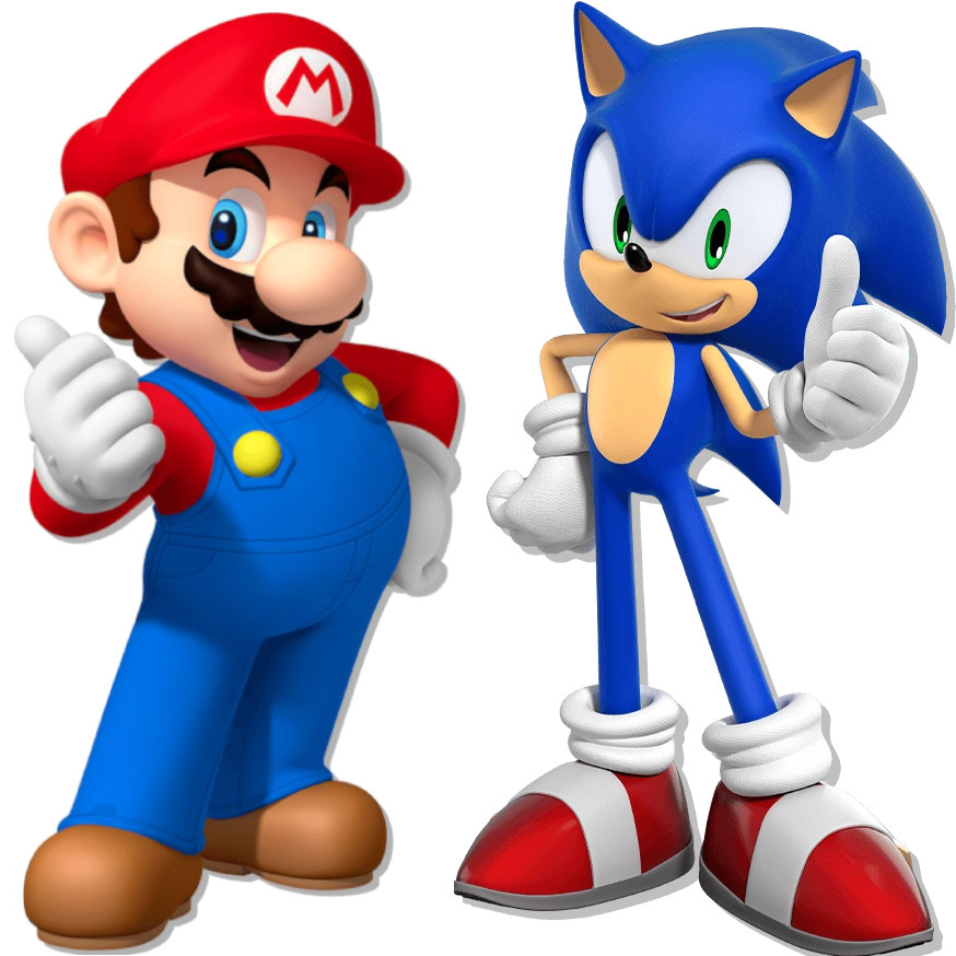 Mario and Sonic stand next to each other. Both are doing a thumbs up.