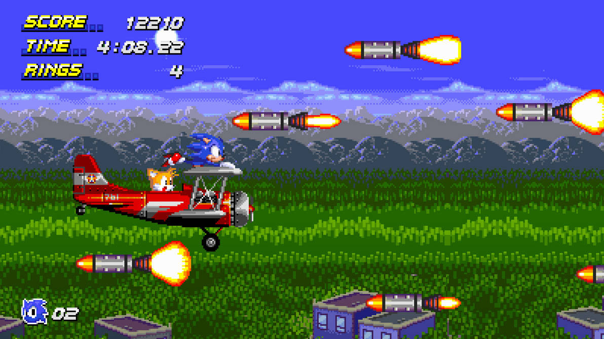 A fake screenshot depicting a pixel-style scene from the movie Sonic The Hedgehog 2. It depicts Sonic on the Tornado, piloted by Tails. They are dodging missiles flying towards them.