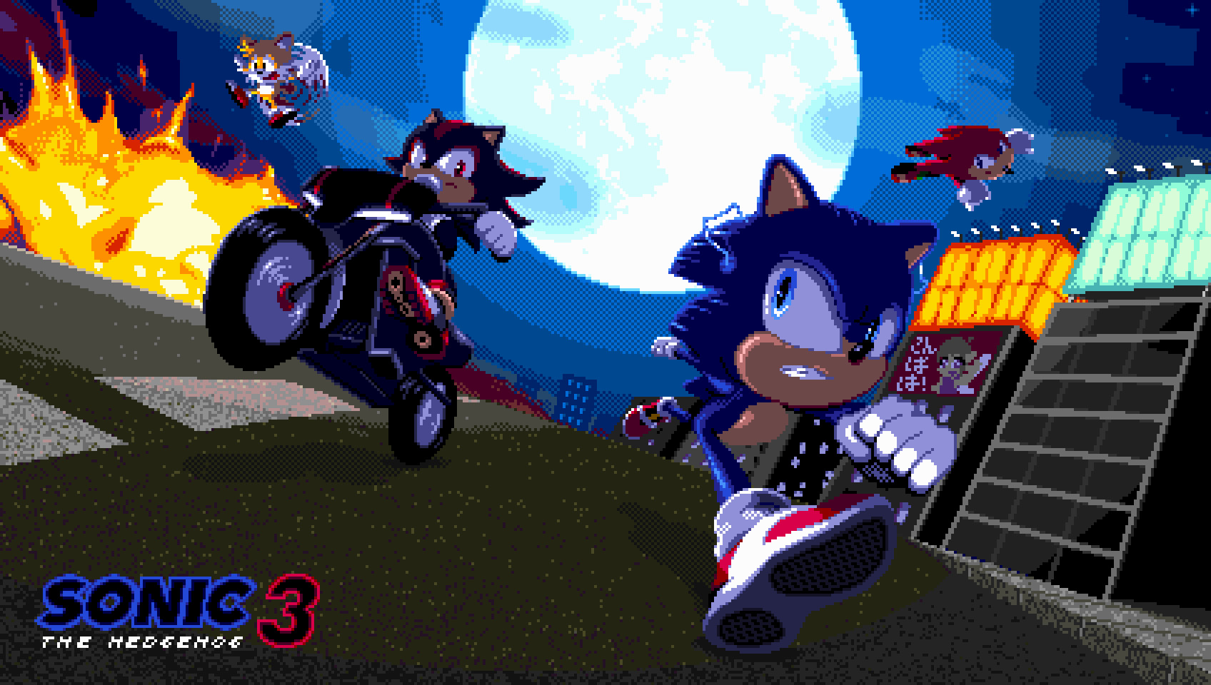 A massive pixel art piece created just before Sonic The Hedgehog 3's release in 2024. Shadow rides his motorcycle on the streets of Tokyo in pursuit of Sonic. Tails is seen narrowly avoiding an explosion, and Knuckles is gliding above it all watching Sonic and Shadow fight.