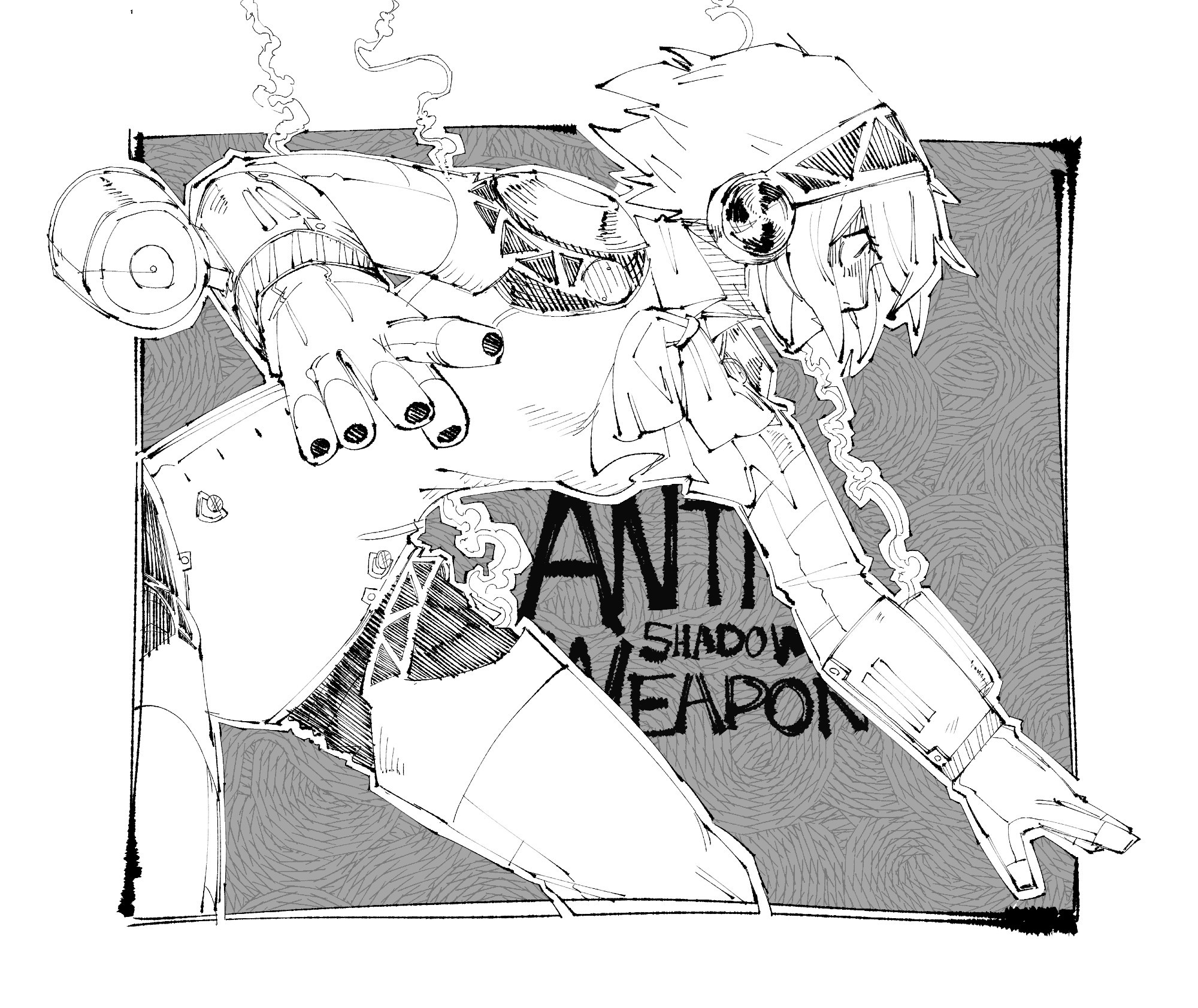 Aigis from Persona 3, leaning forward in a side profile view with a serious expression and seemingly prepared for combat. Steam flows off various parts of her body. Behind her, there is stylized text saying "ANTI SHADOW WEAPON".