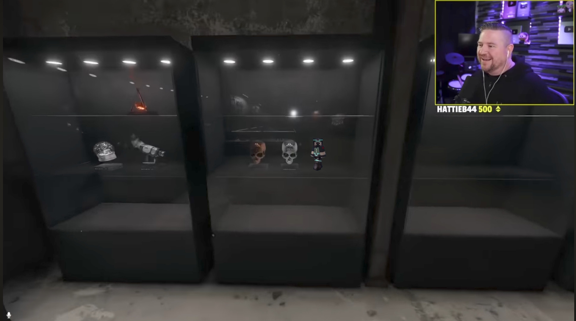 a screenshot of the phasmophobia trophy case from impulse's stream: etho's minecraft avatar has been edited into the space where the gold apocalypse trophy would sit