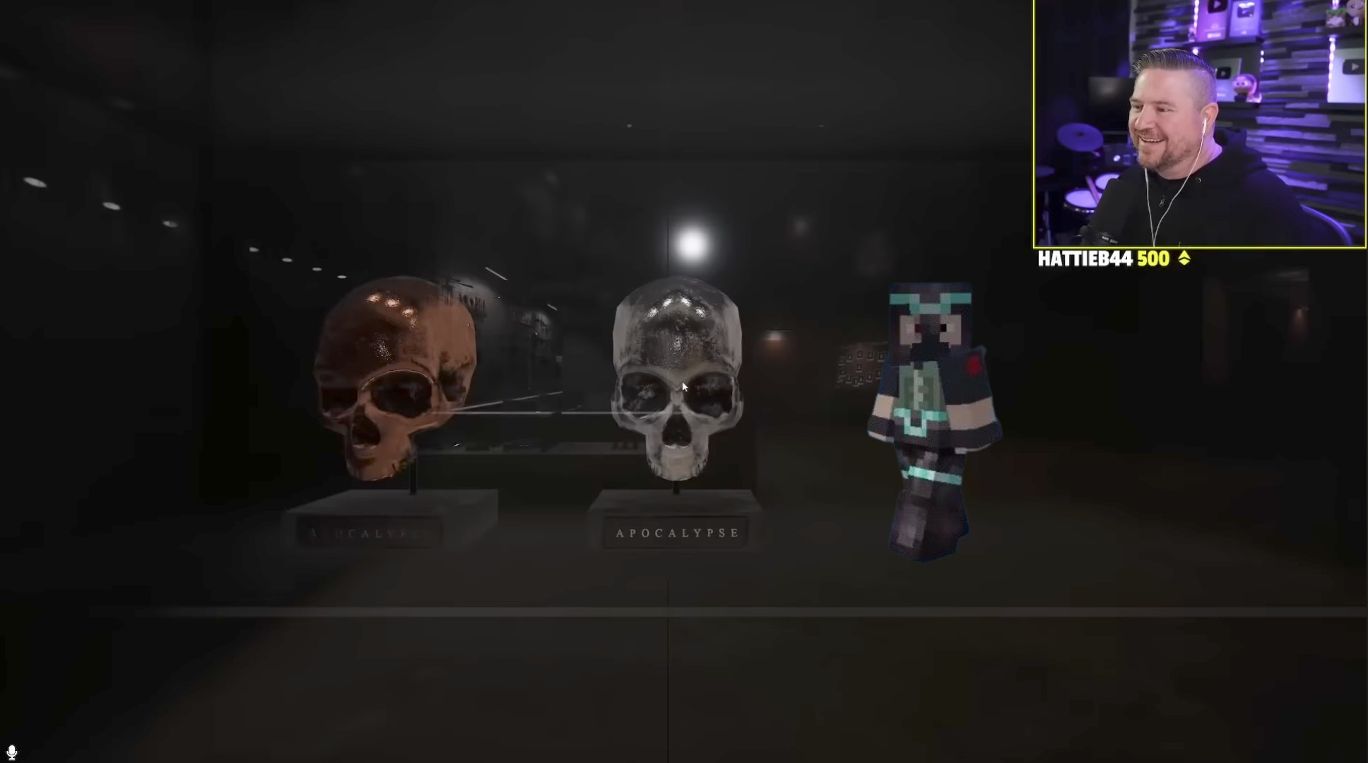 a close-up of the phasmophobia trophy case from impulse's stream: etho's minecraft avatar has been edited into the space where the gold apocalypse trophy would sit