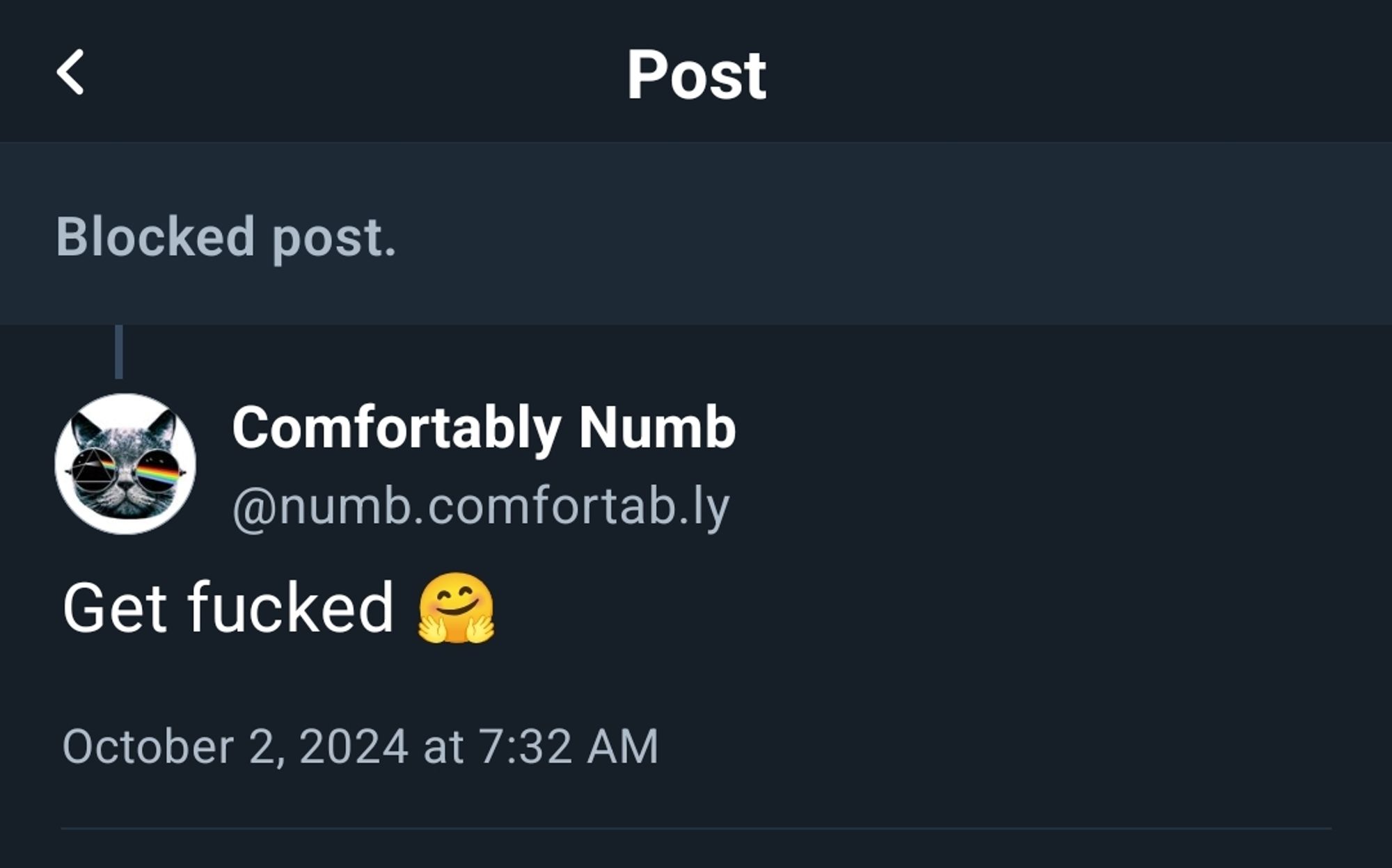 Comfortably numb "get fucked" to a blocked post